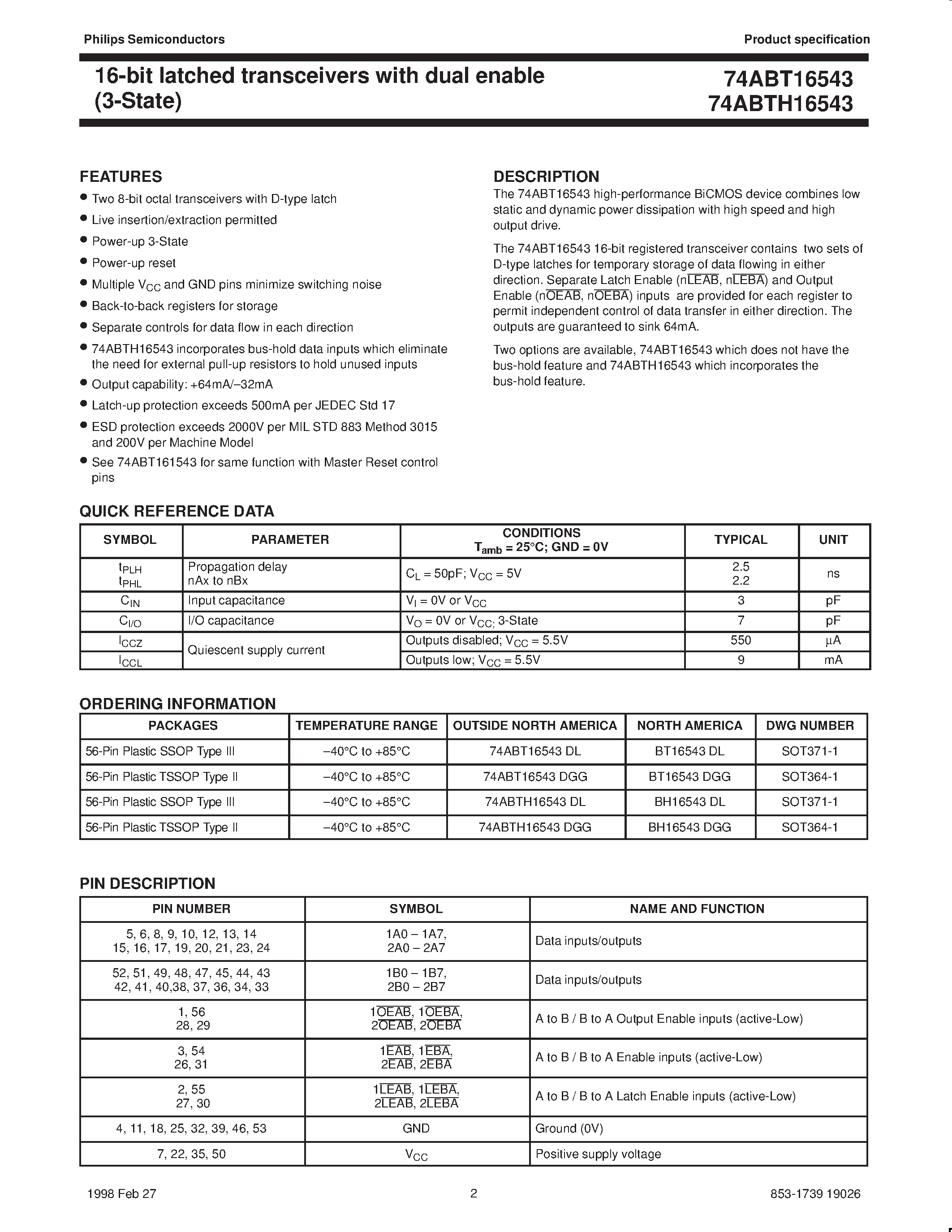 Даташит 74ABT16543 - 16-bit latched transceivers with dual enable 3-State страница 2