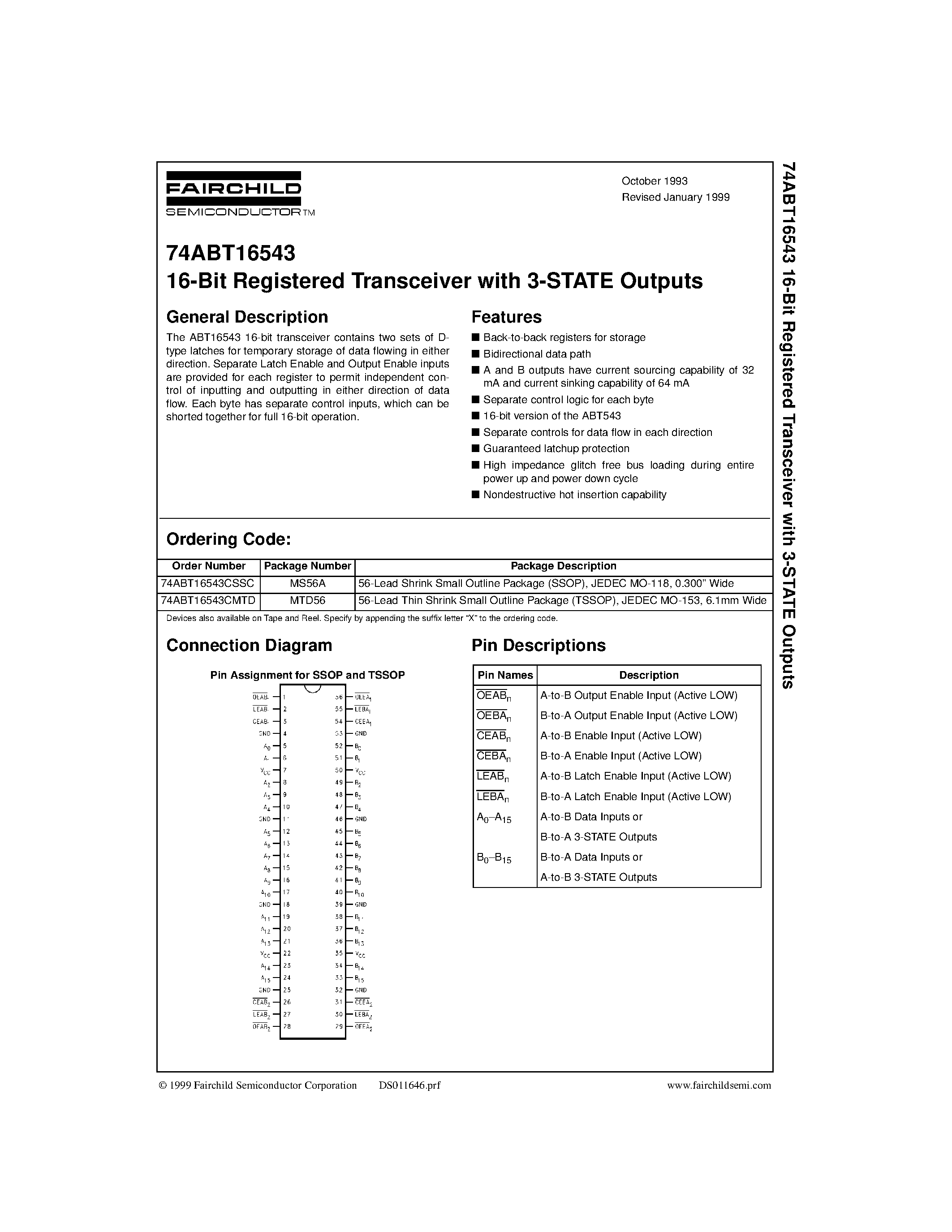 Даташит 74ABT16543CMTD - 16-Bit Registered Transceiver with 3-STATE Outputs страница 1