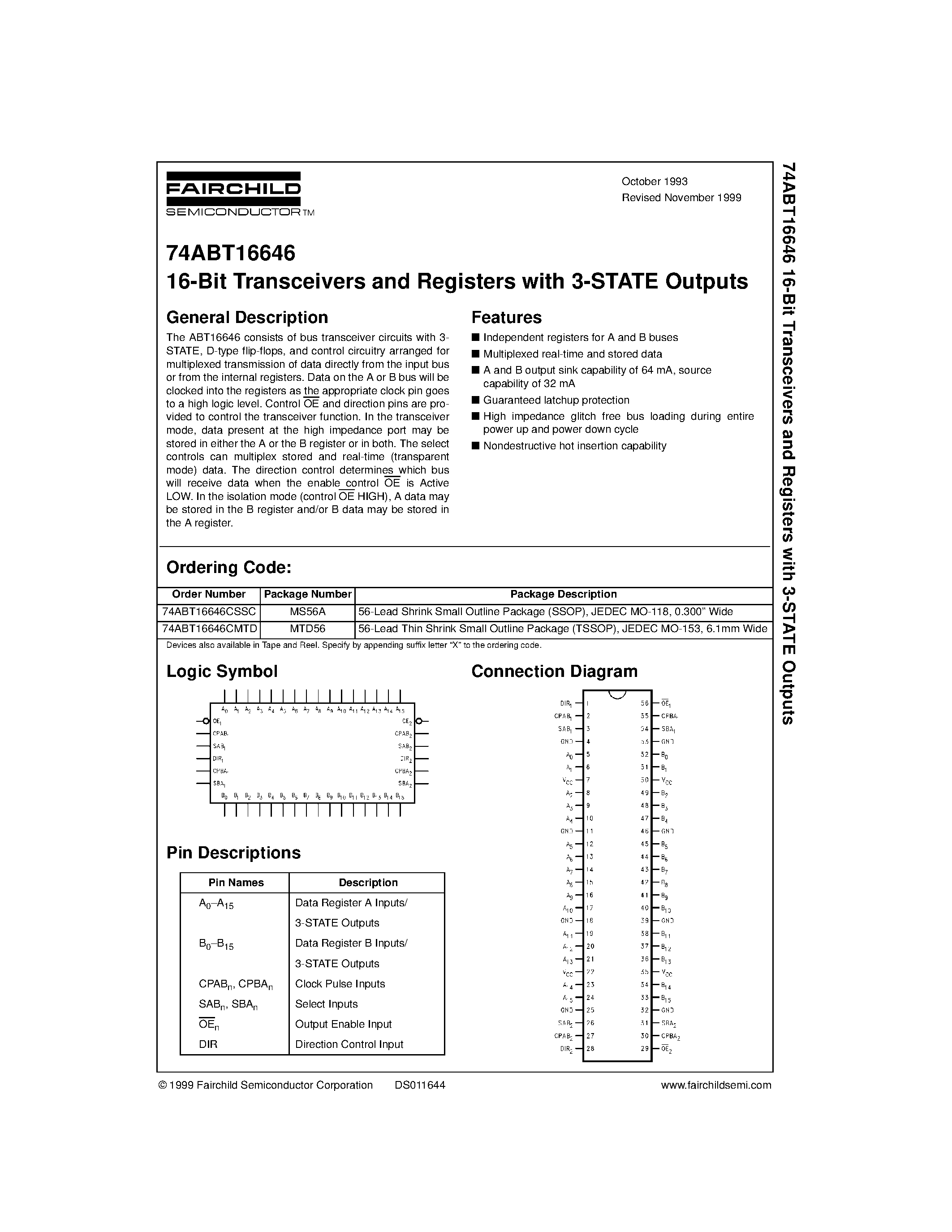 Даташит 74ABT16646 - 16-Bit Transceivers and Registers with 3-STATE Outputs страница 1