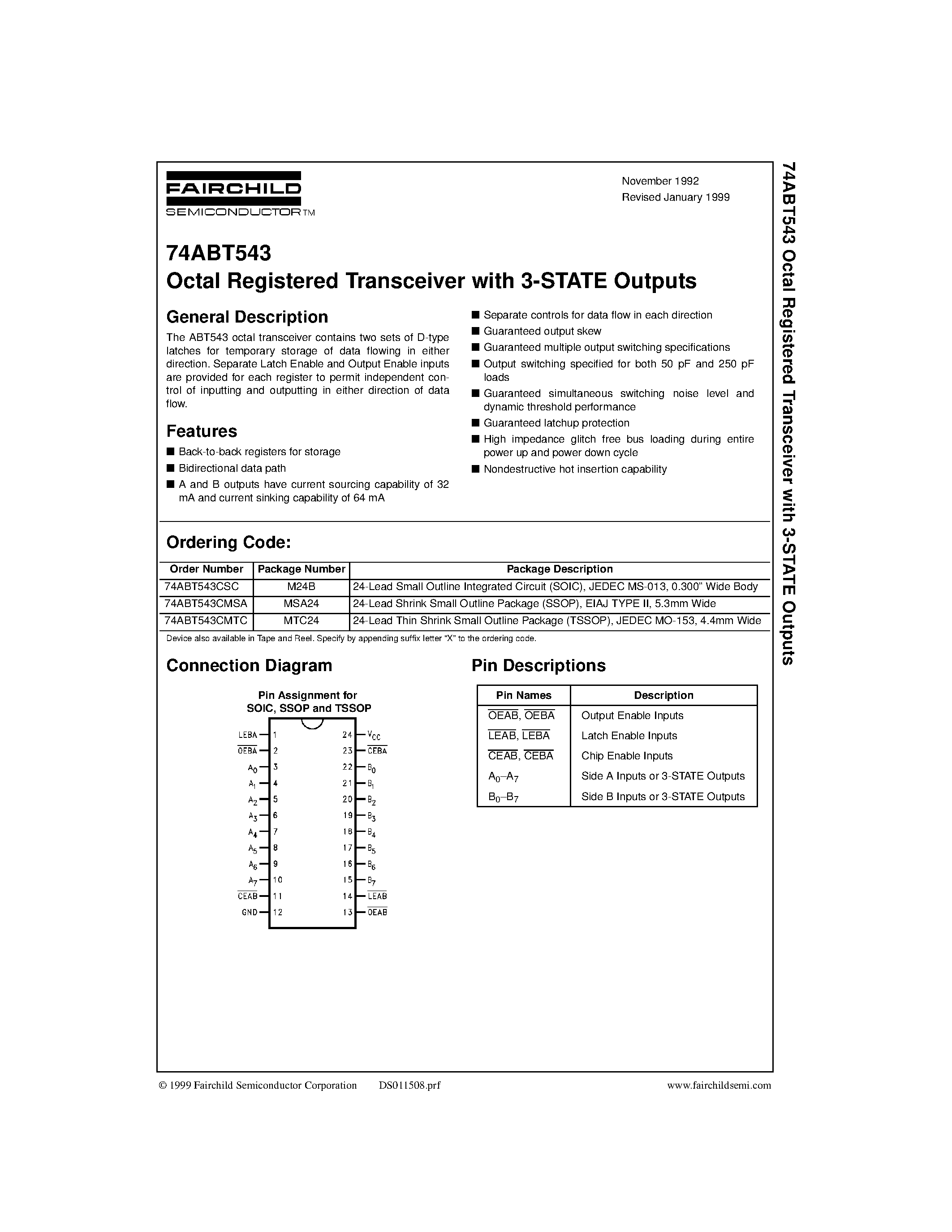 Datasheet 74ABT543CSC - Octal Registered Transceiver with 3-STATE Outputs page 1