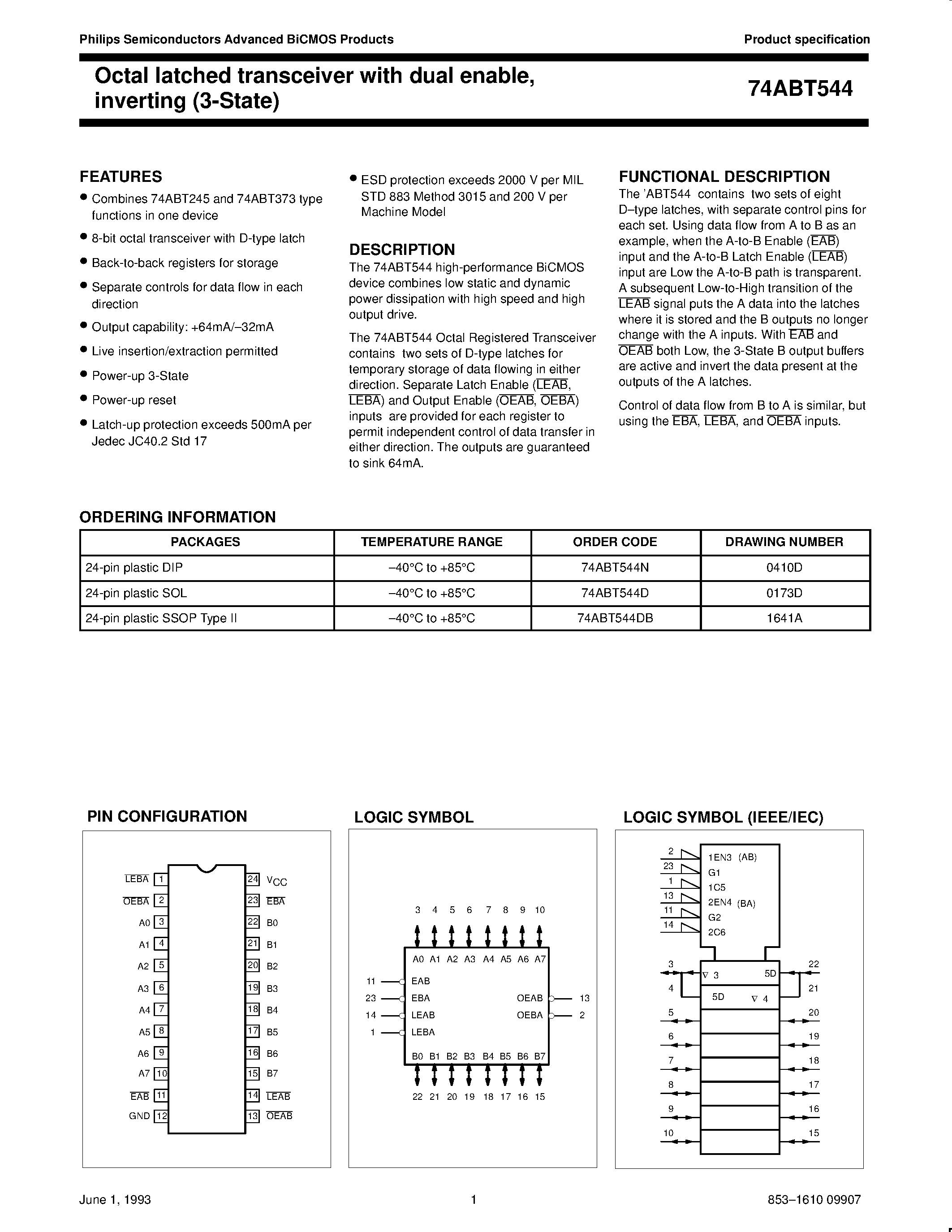 Datasheet 74ABT544 - Octal latched transceiver with dual enable/ inverting 3-State page 1