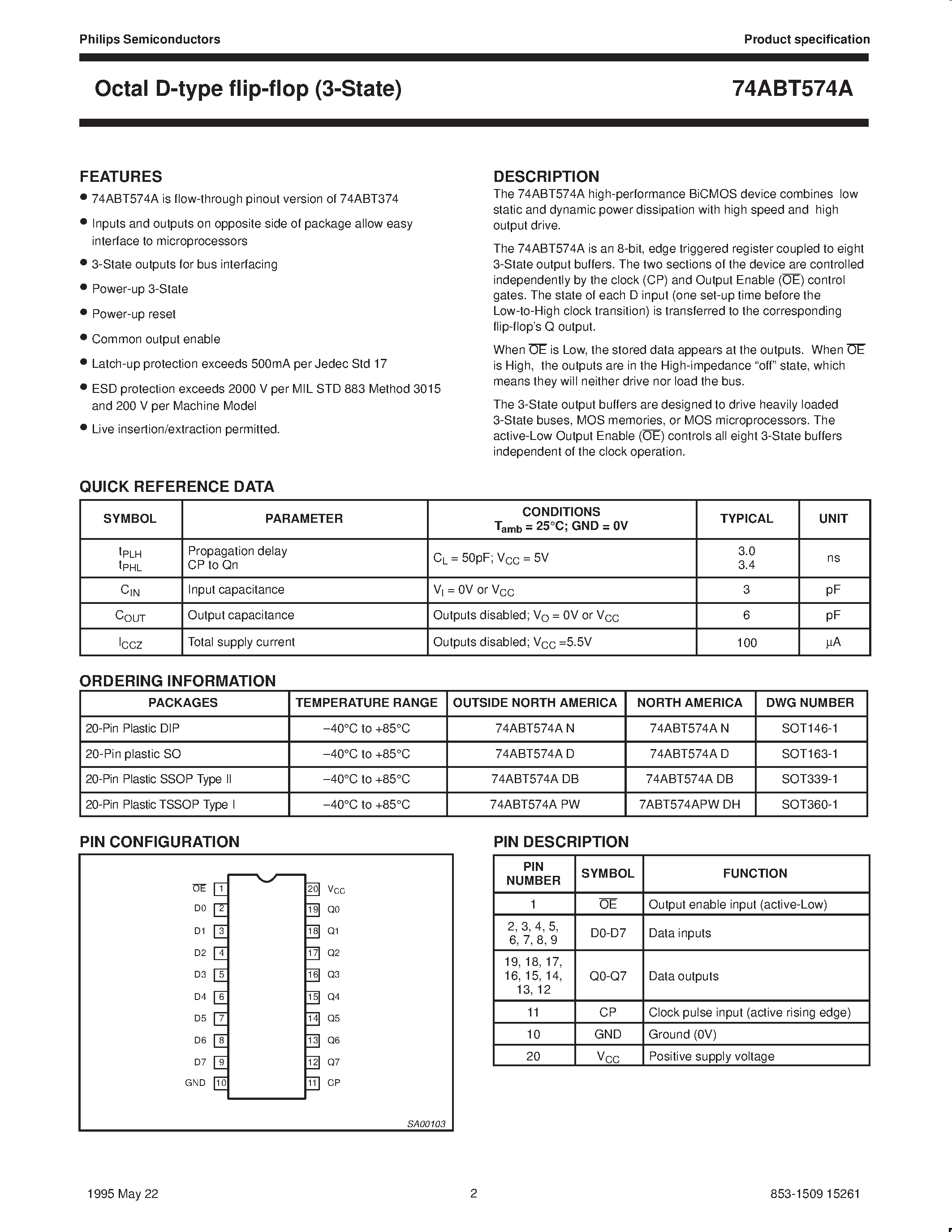 Datasheet 74ABT574A - Octal D-type flip-flop 3-State page 2