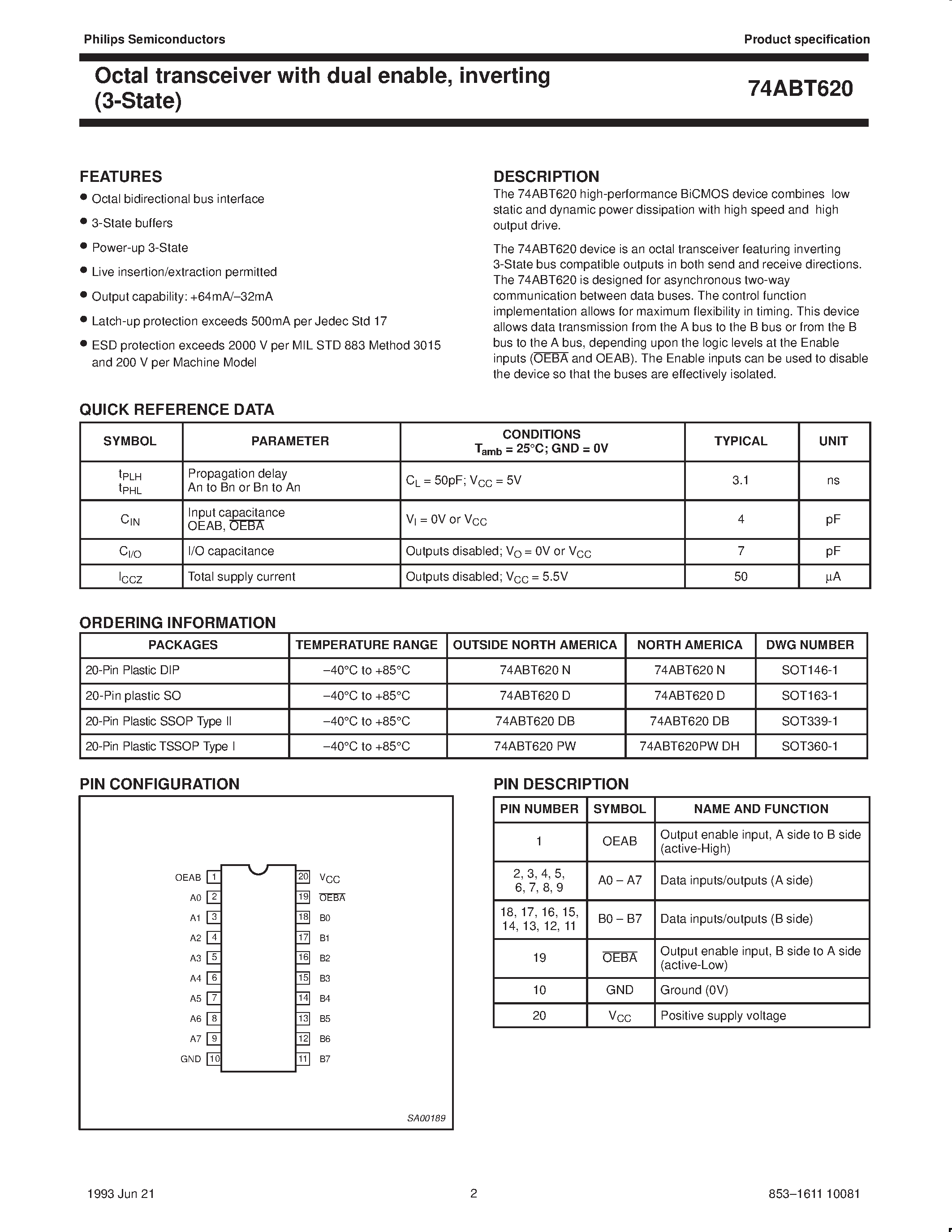 Datasheet 74ABT620 - Octal transceiver with dual enable/ inverting 3-State page 2