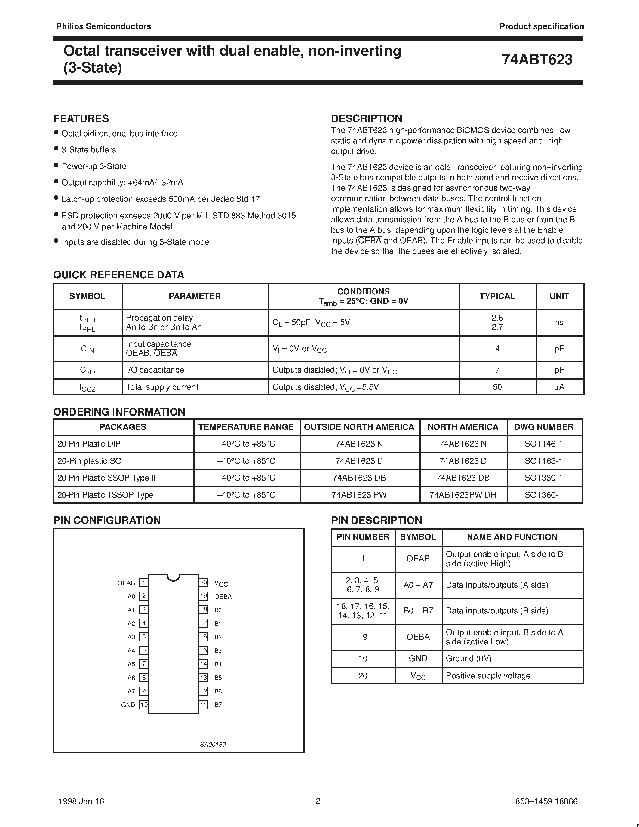 Datasheet 74ABT623 - Octal transceiver with dual enable/ non-inverting; 3-State page 2