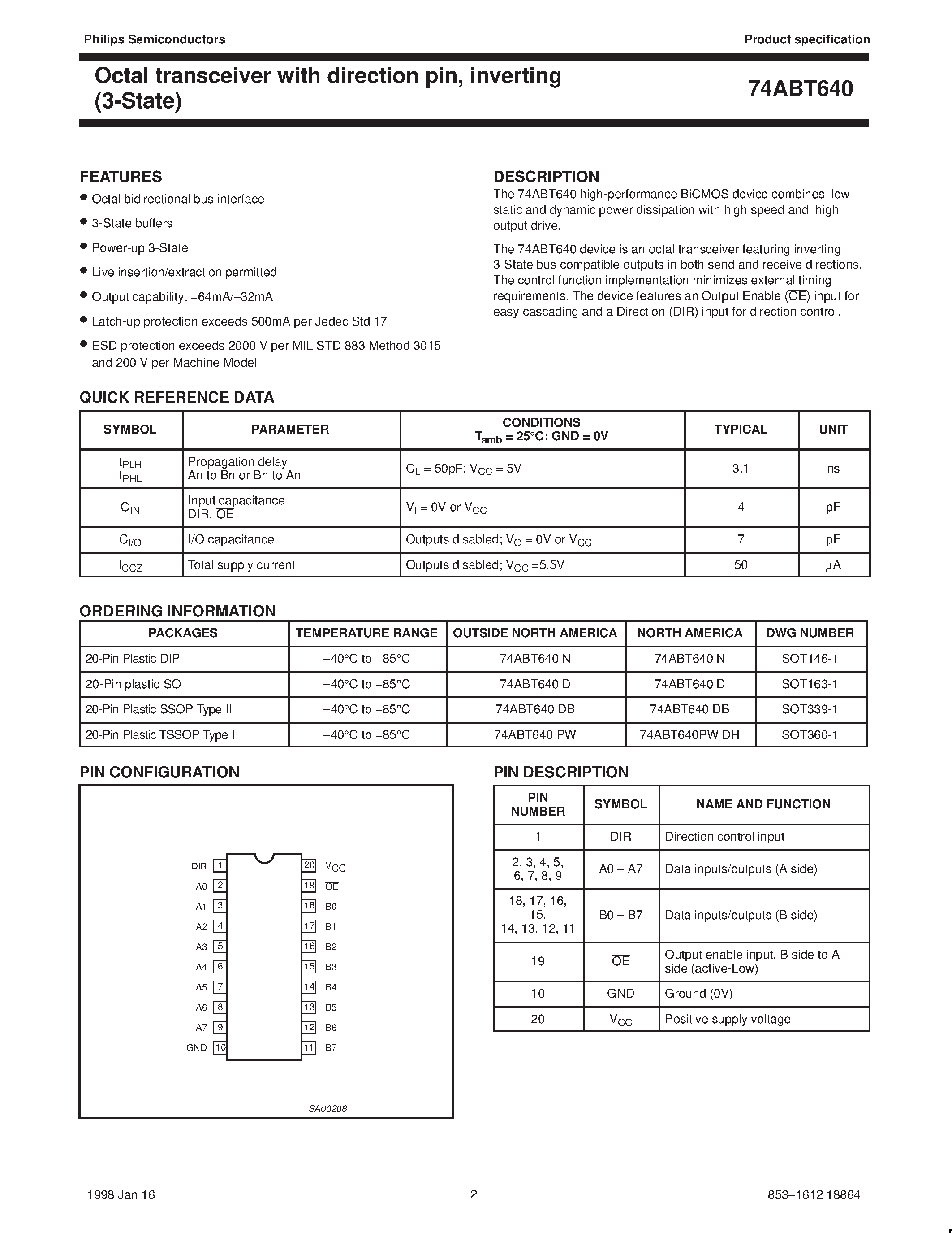 Datasheet 74ABT640 - Octal transceiver with direction pin/ inverting 3-State page 2