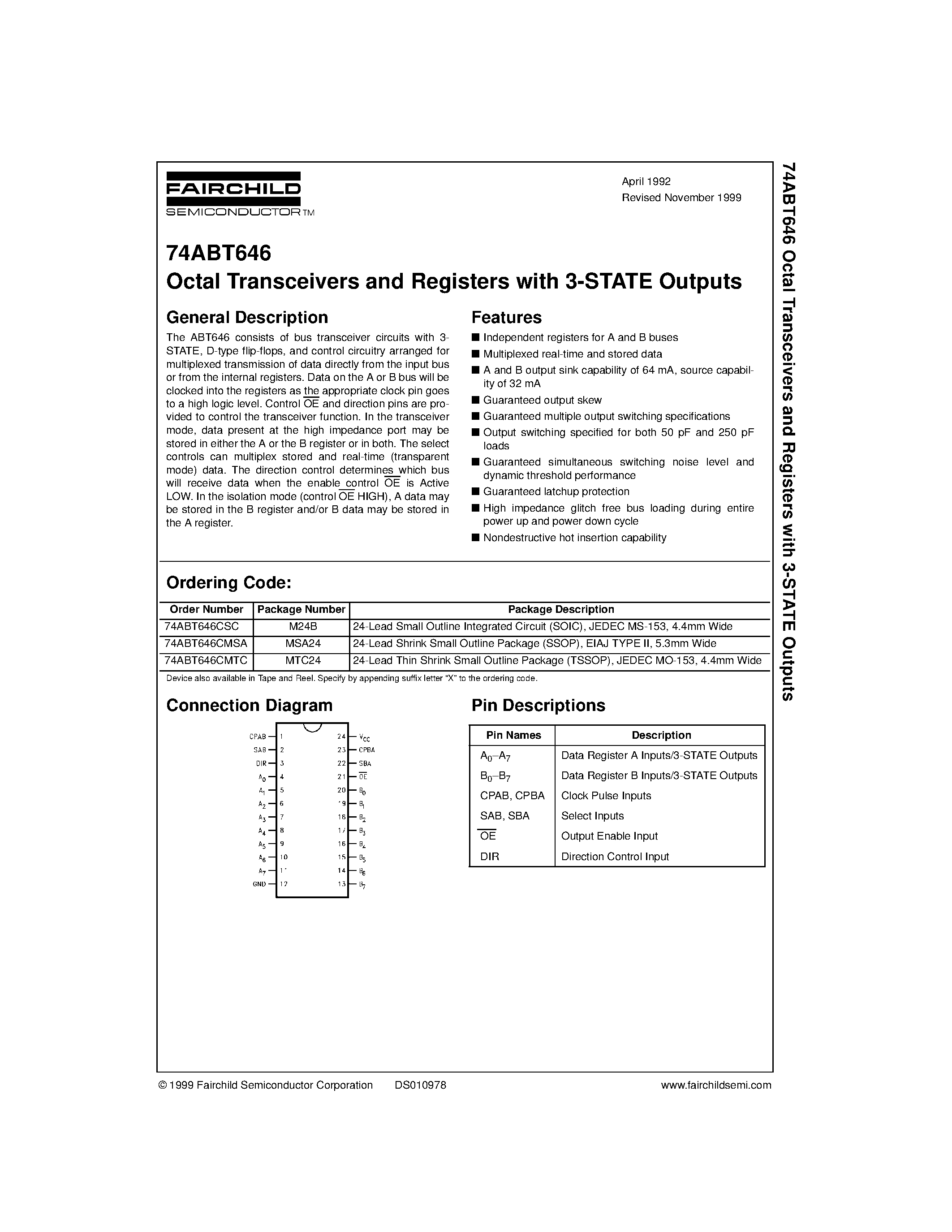 Datasheet 74ABT646 - Octal Transceivers and Registers with 3-STATE Outputs page 1