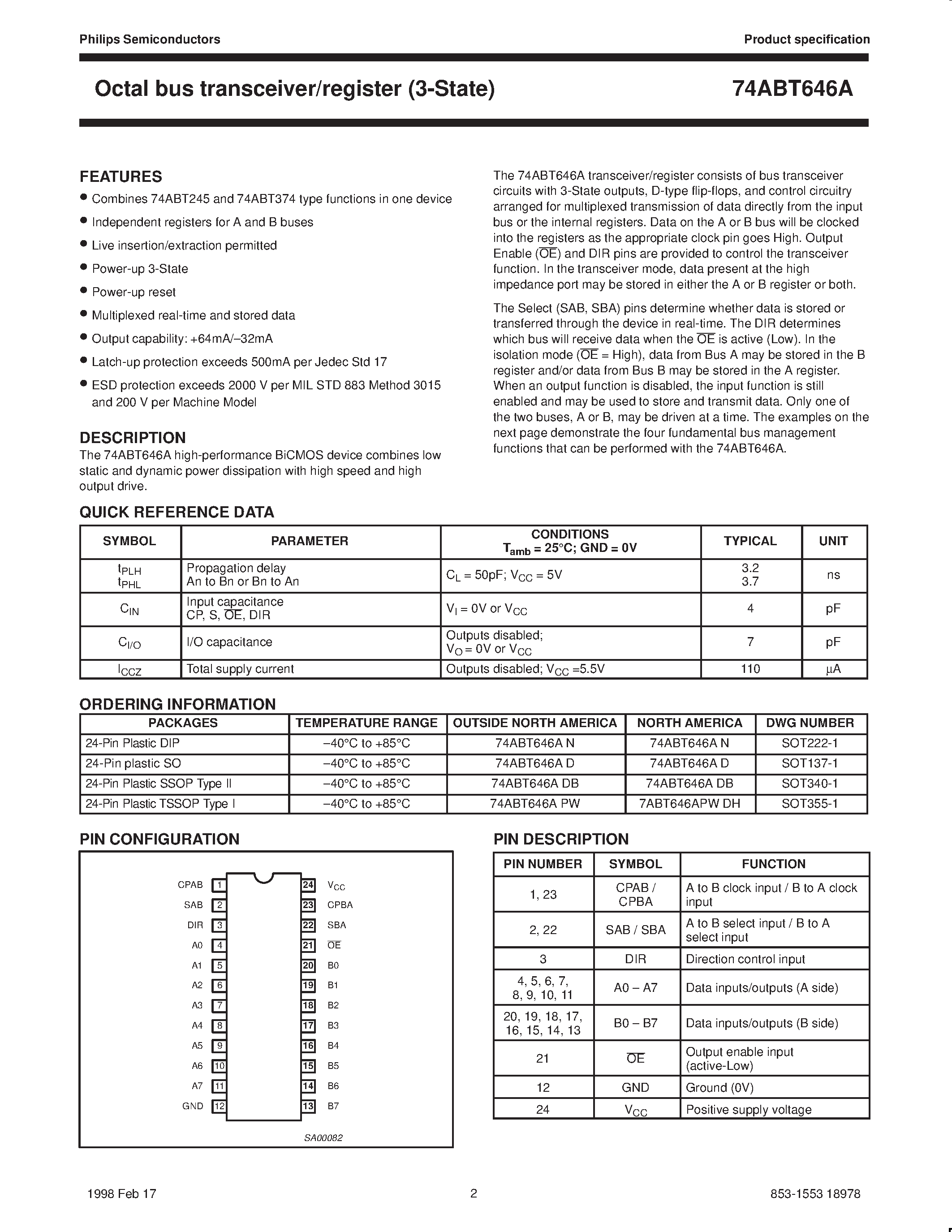 Datasheet 74ABT646A - Octal bus transceiver/register 3-State page 2