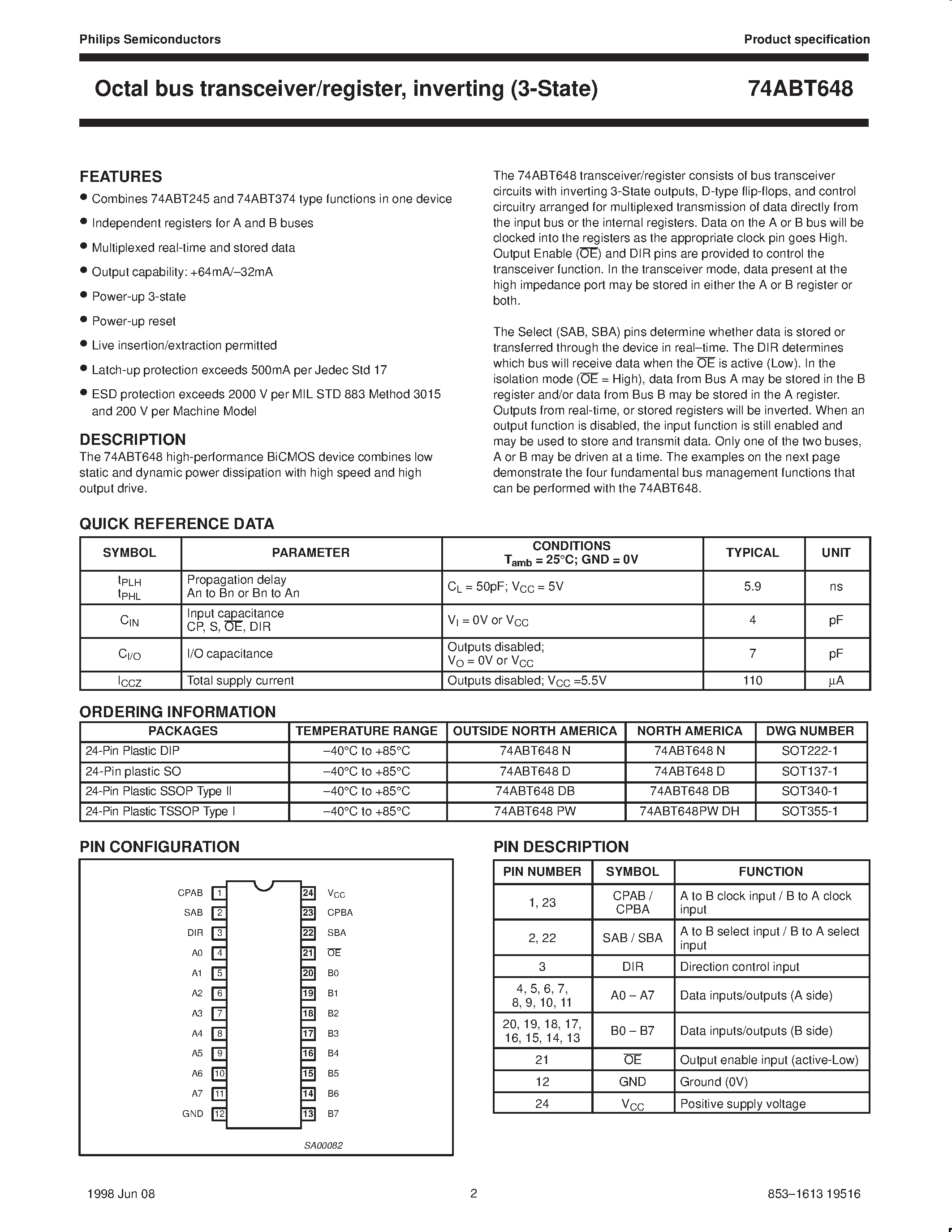 Datasheet 74ABT648D - Octal transceiver/register/ inverting 3-State page 2