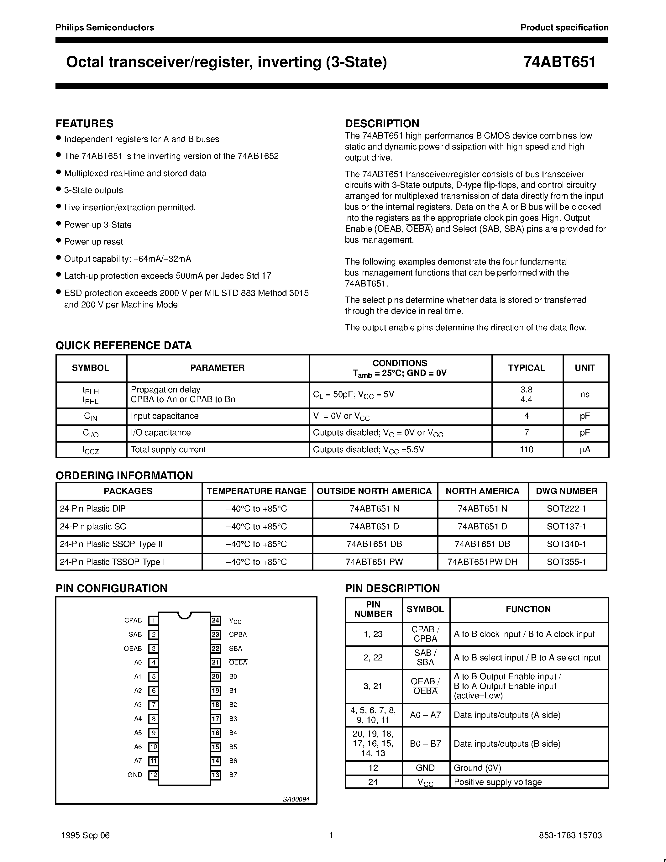 Datasheet 74ABT651D - Octal transceiver/register/ inverting 3-State page 1