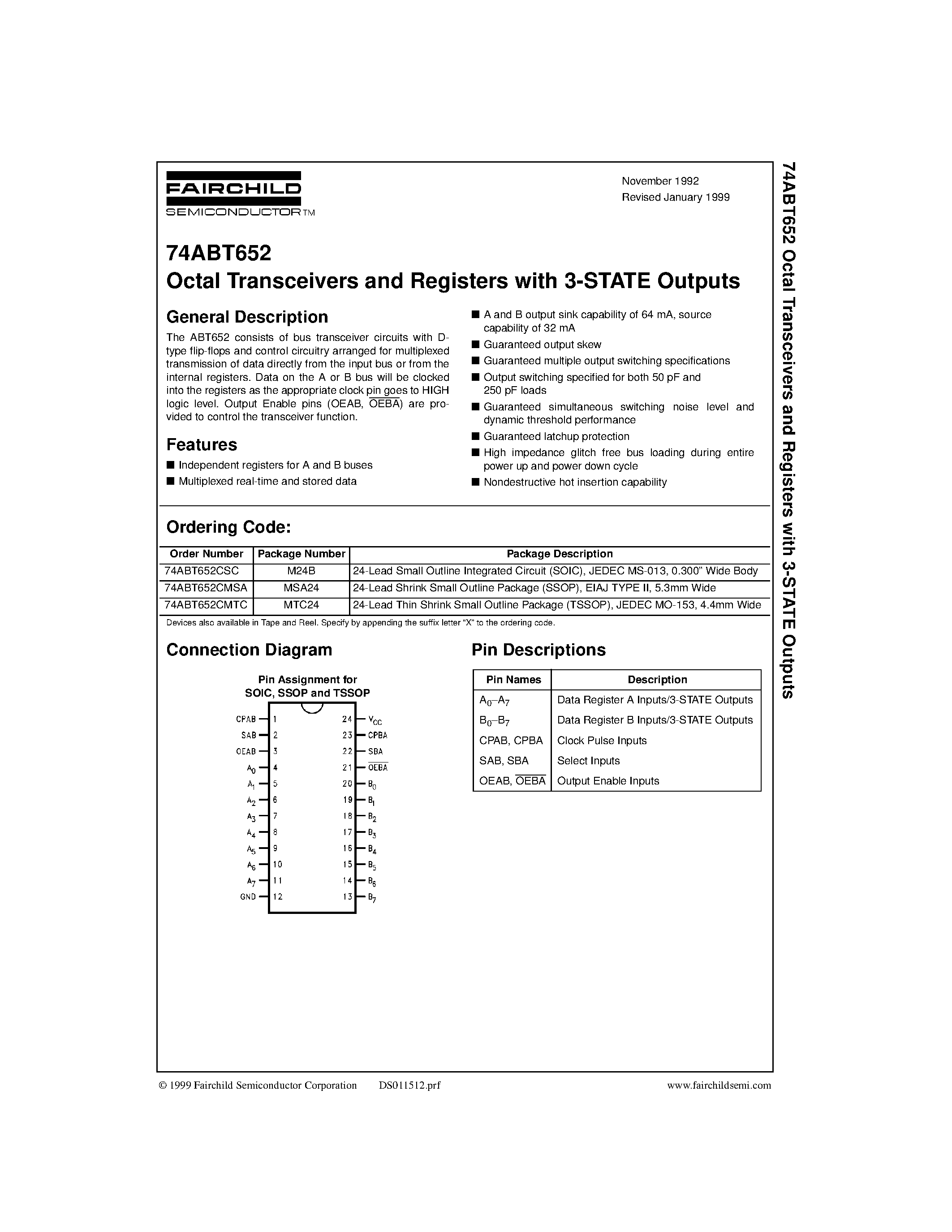 Datasheet 74ABT652A - Octal transceiver/register/ non-inverting 3-State page 1