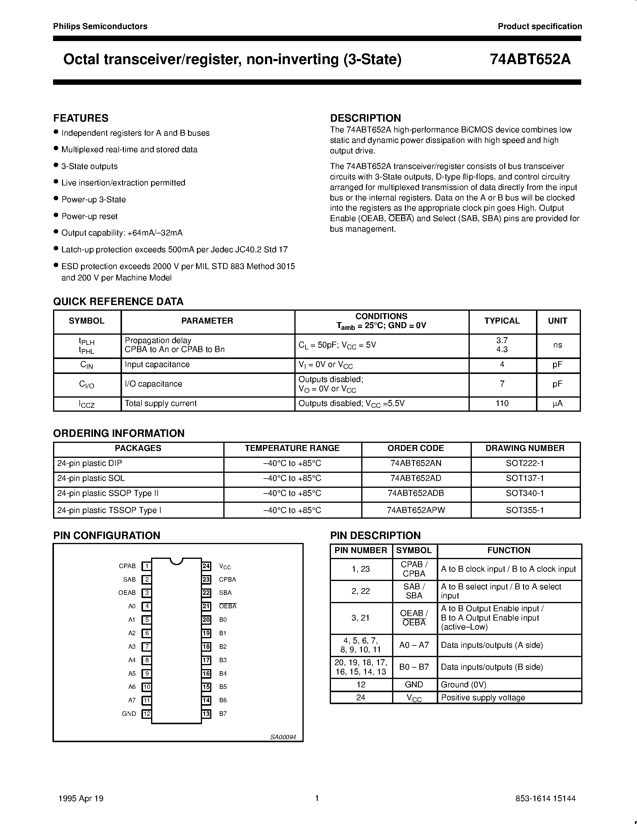 Datasheet 74ABT652AD - Octal transceiver/register/ non-inverting 3-State page 1