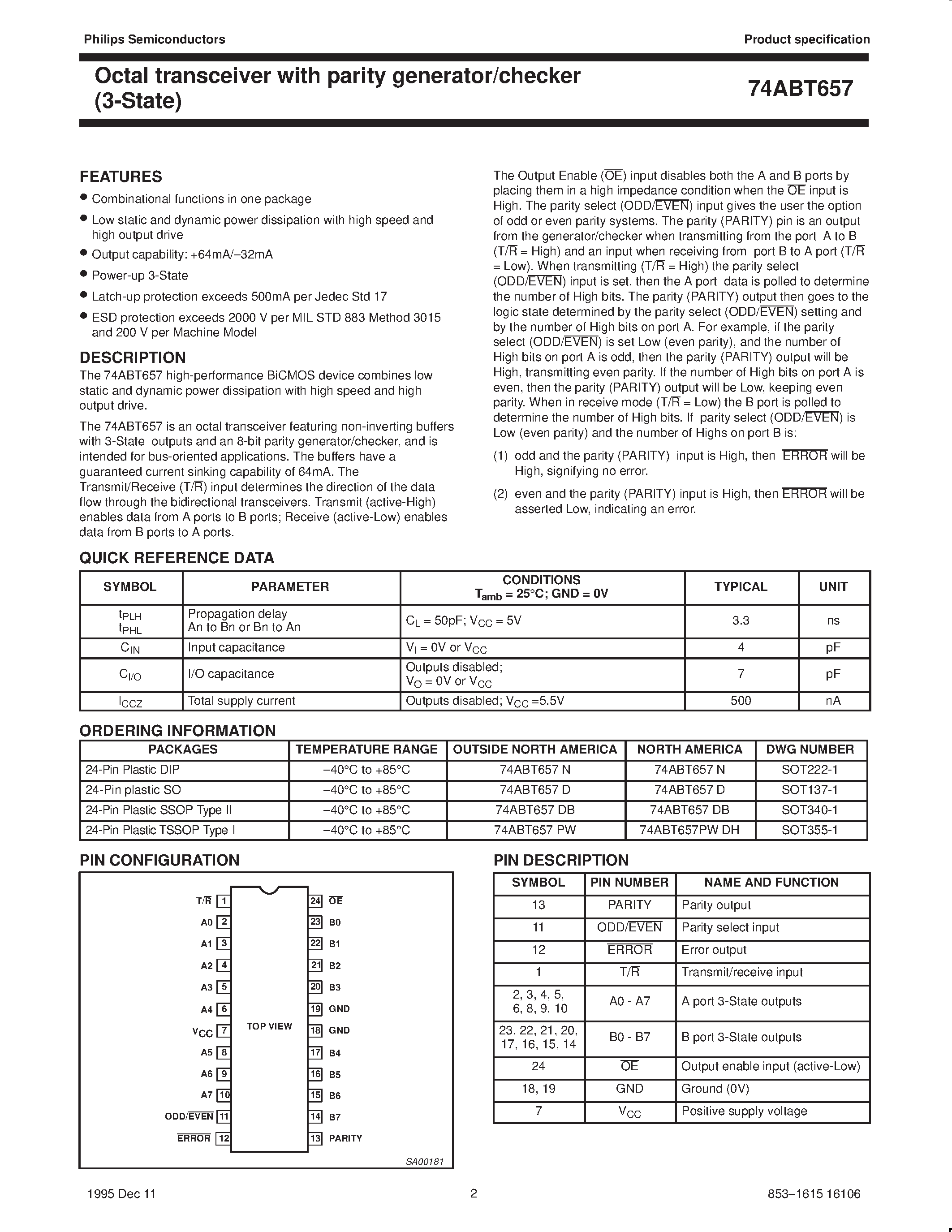 Datasheet 74ABT657D - Octal transceiver with parity generator/checker 3-State page 2