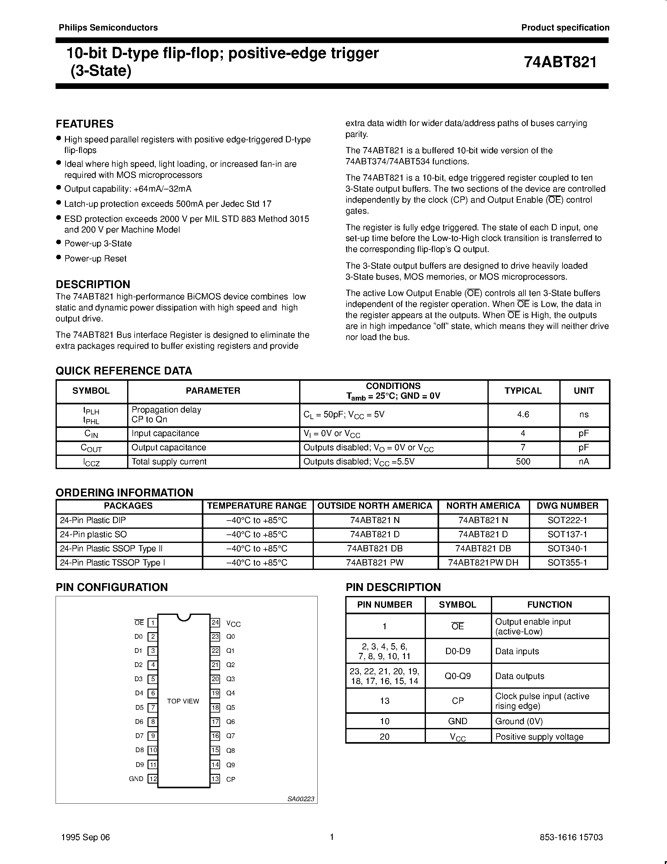 Datasheet 74ABT821PWDH - 10-bit D-type flip-flop; positive-edge trigger 3-State page 1