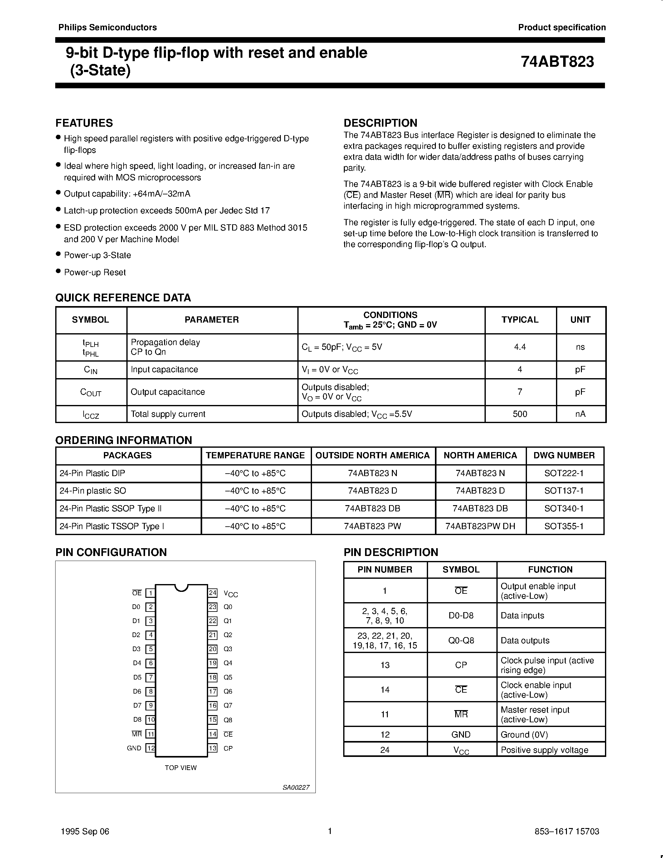 Datasheet 74ABT823D - 9-bit D-type flip-flop with reset and enable 3-State page 1