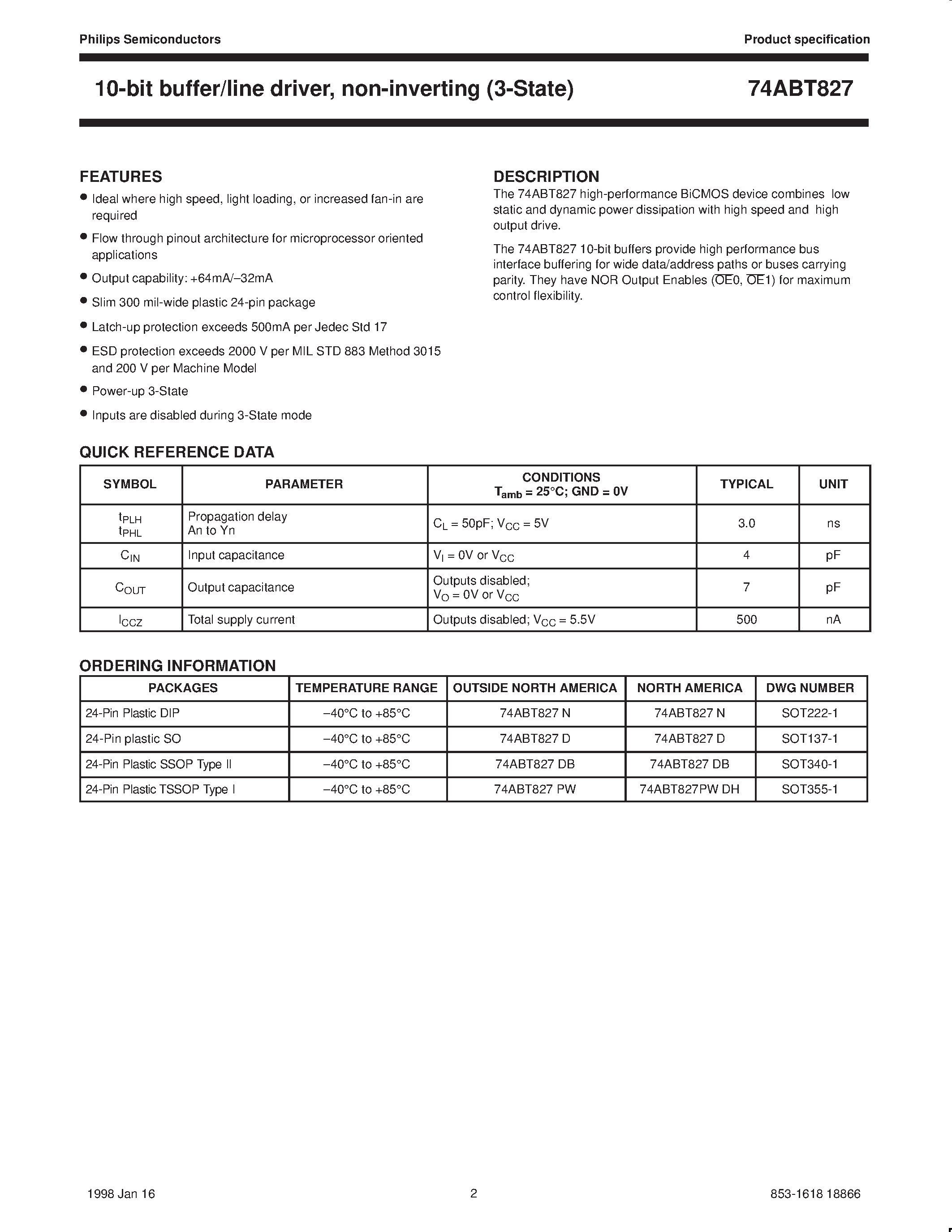 Datasheet 74ABT827D - 10-bit buffer/line driver/ non-inverting 3-State page 2