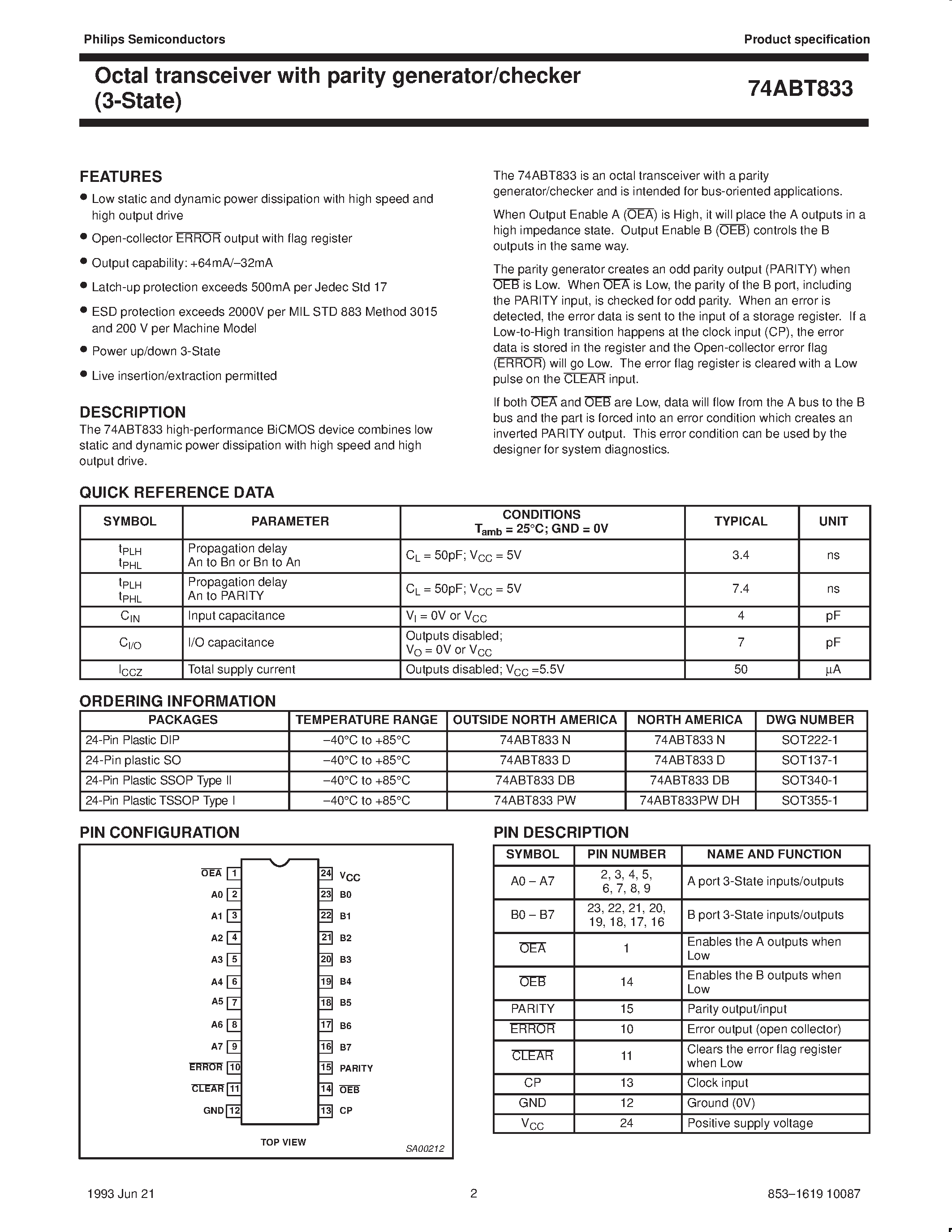 Datasheet 74ABT833D - Octal transceiver with parity generator/checker 3-State page 2