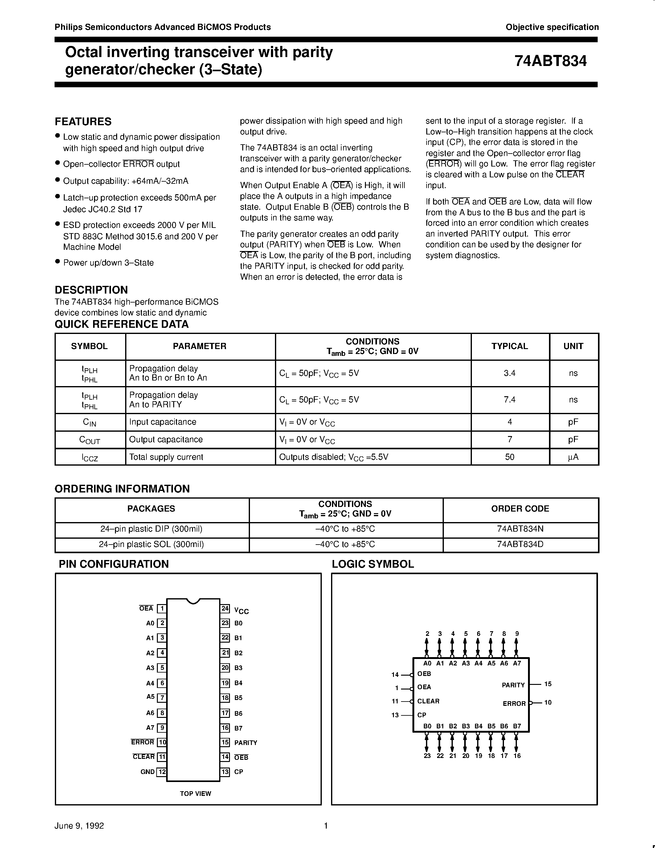 Datasheet 74ABT834D - Octal inverting transceiver with parity generator/checker 3-State page 1