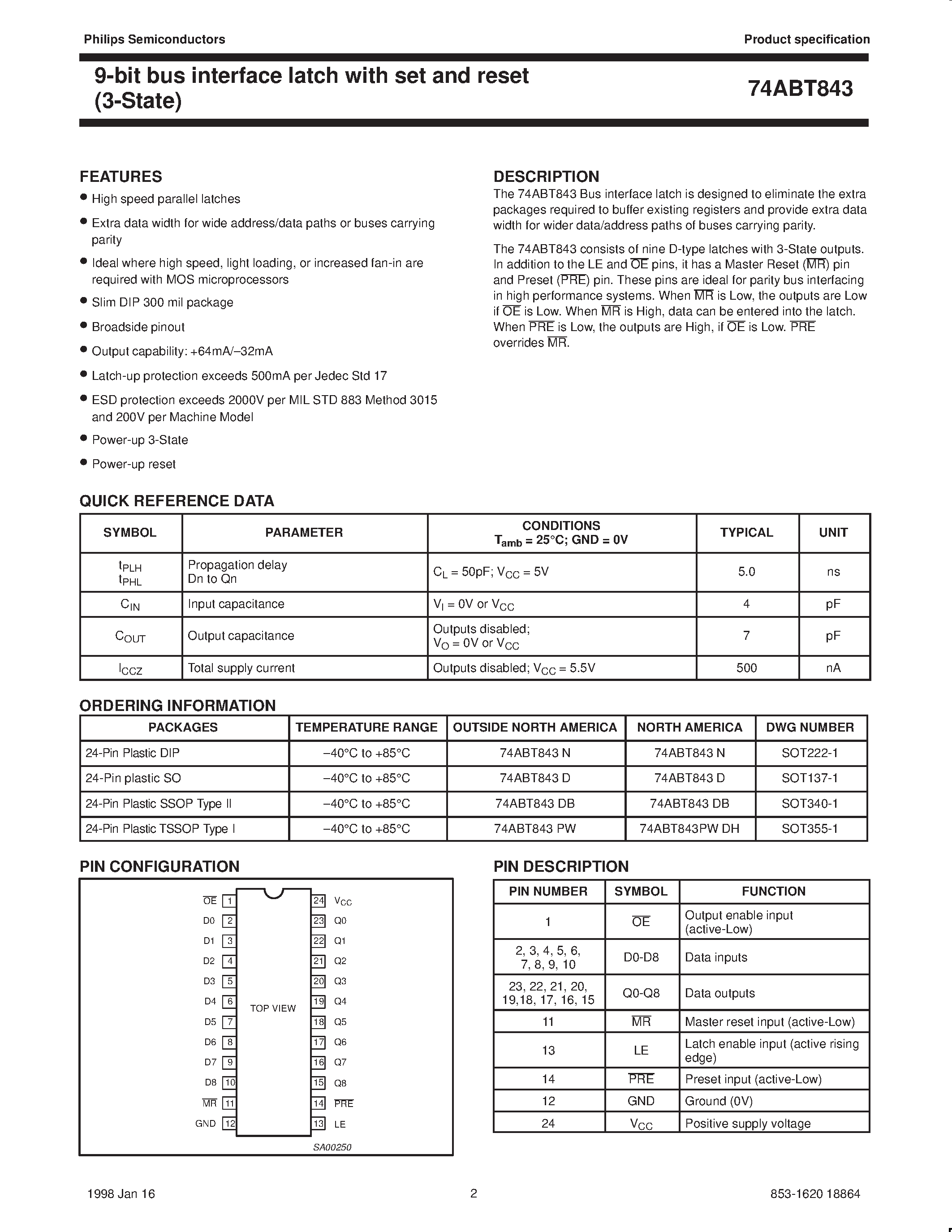 Datasheet 74ABT843D - 9-bit interface latch with set and reset 3-State page 2