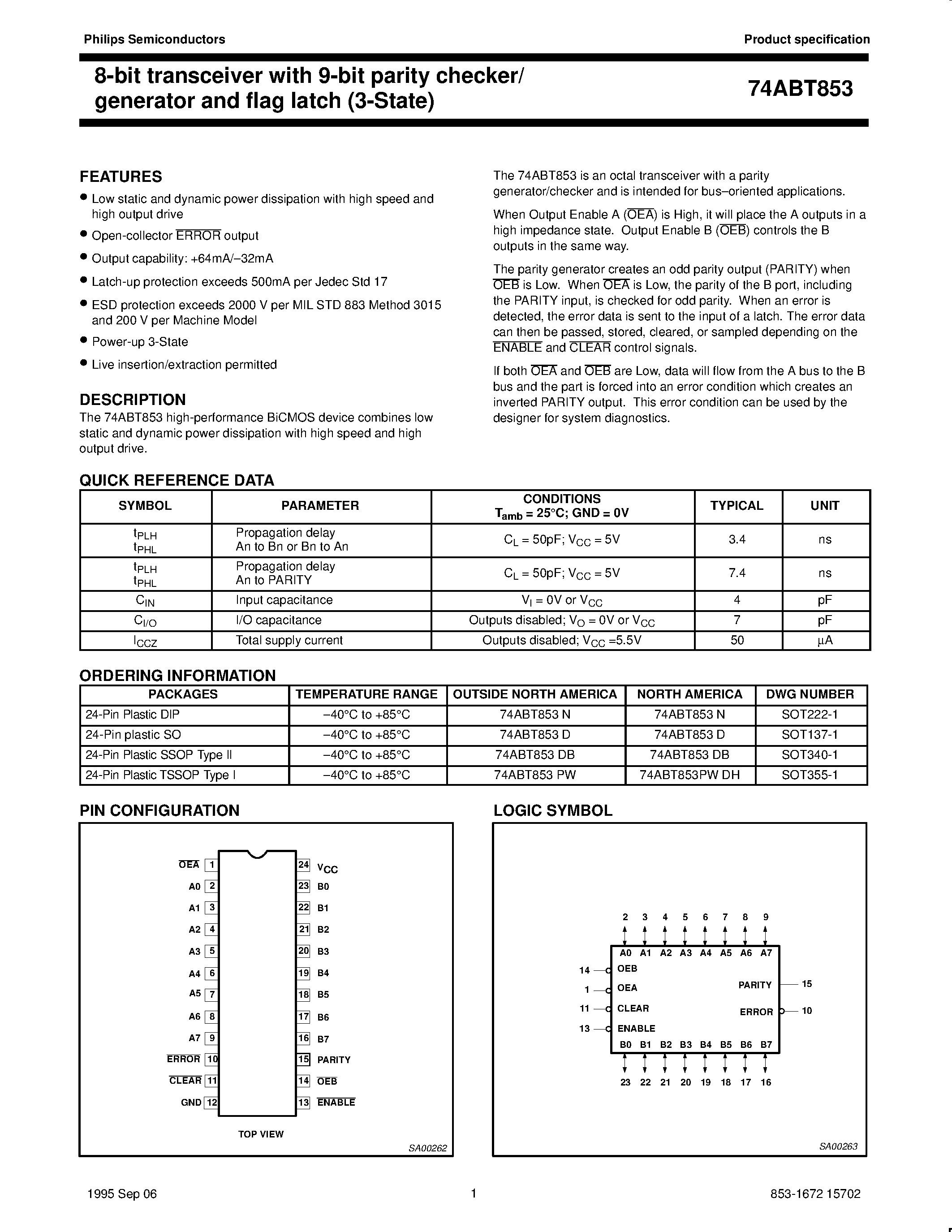 Datasheet 74ABT853D - 8-bit transceiver with 9-bit parity checker/ generator and flag latch 3-State page 1