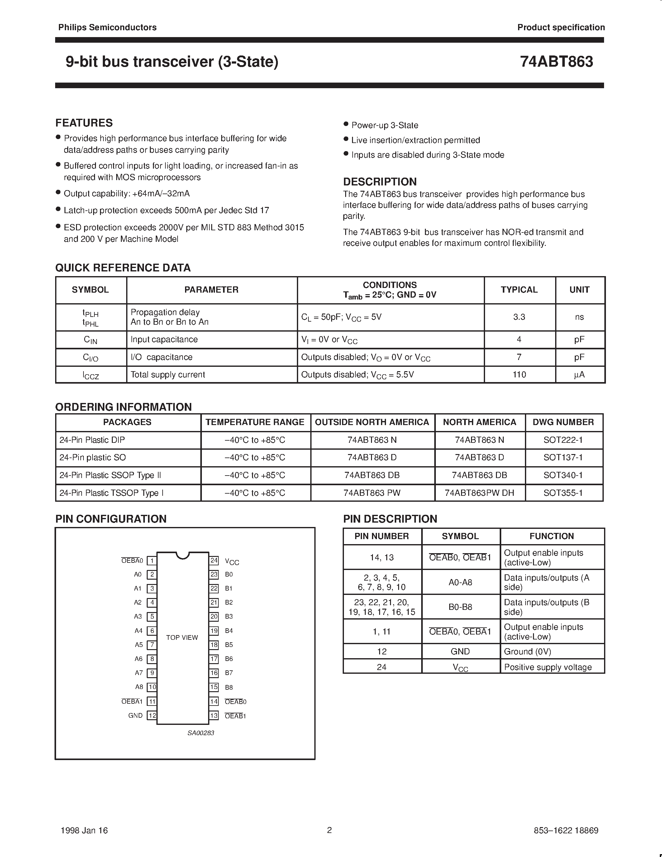 Datasheet 74ABT863D - 9-bit bus transceiver 3-State page 2