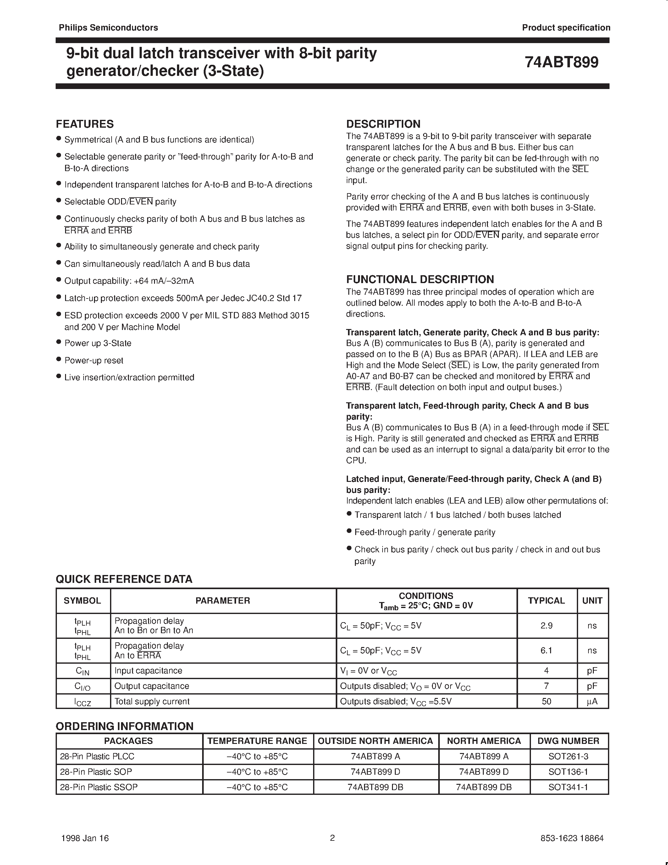 Datasheet 74ABT899 - 9-Bit Latchable Transceiver with Parity Generator/Checker page 2