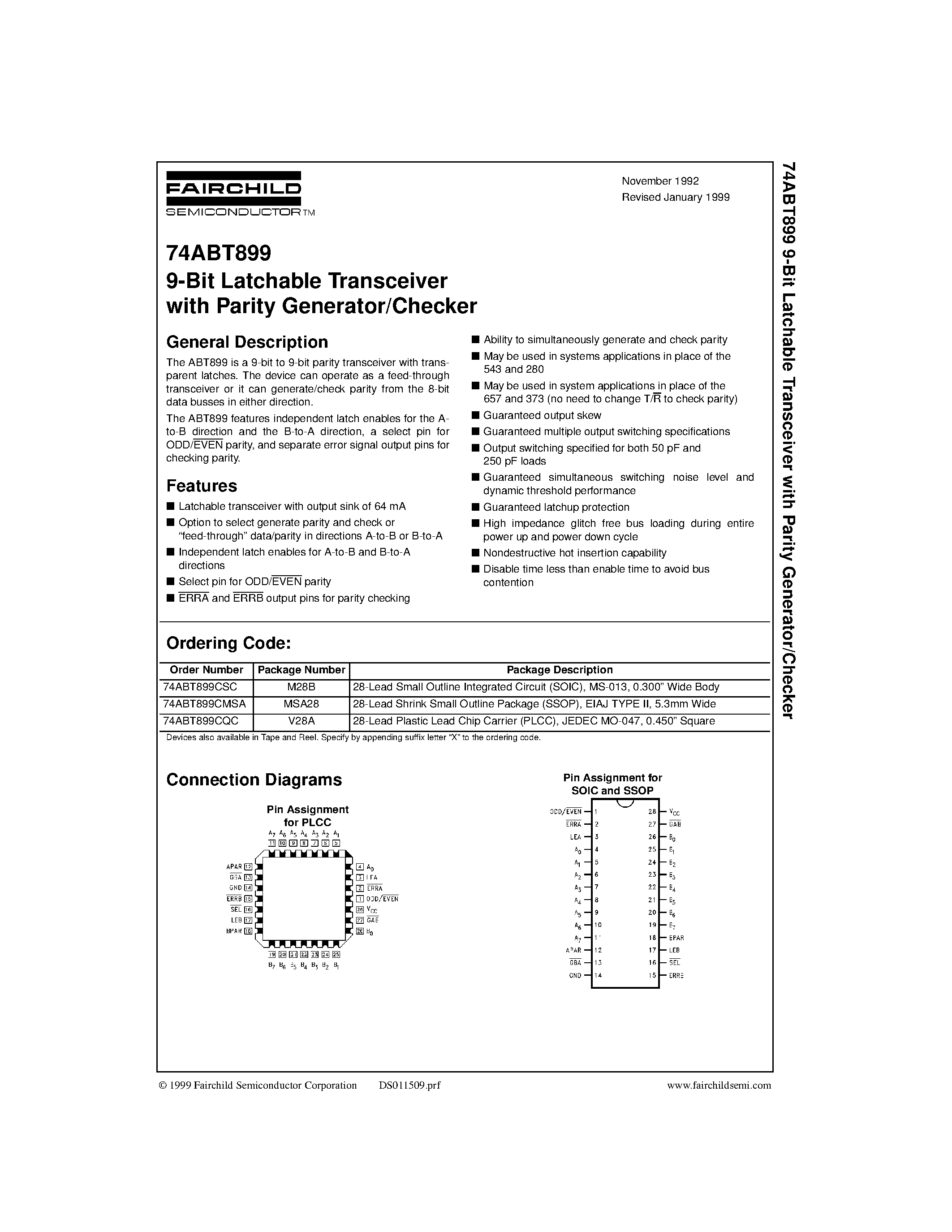 Datasheet 74ABT899A - 9-bit dual latch transceiver with 8-bit parity generator/checker 3-State page 1