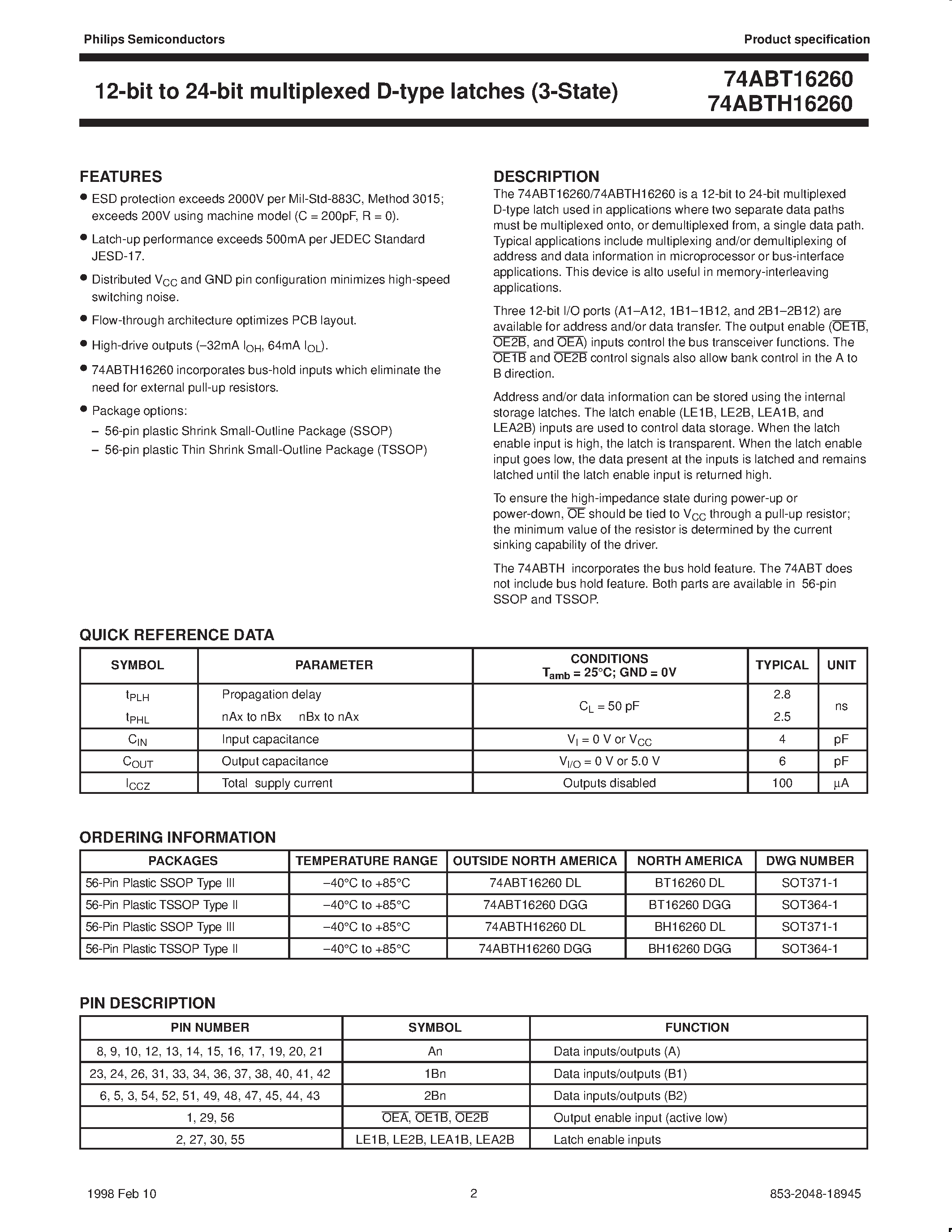 Datasheet 74ABTH16260DGG - 12-bit to 24-bit multiplexed D-type latches 3-State page 2