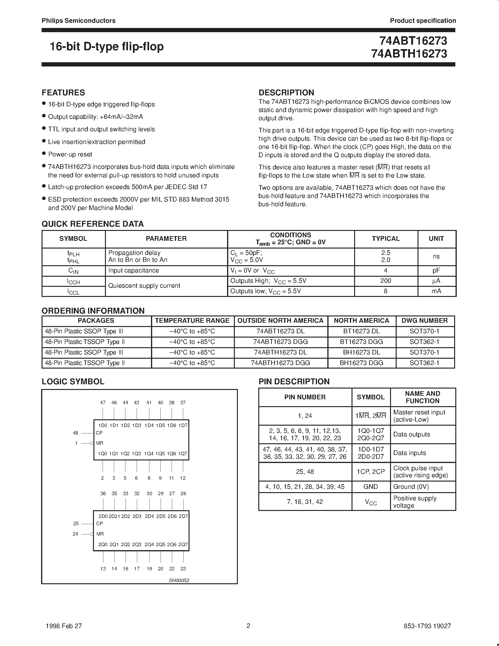 Datasheet 74ABTH162827A - 20-bit buffer/line driver/ non-inverting/with 30ohm termination resistors (3-State) page 2