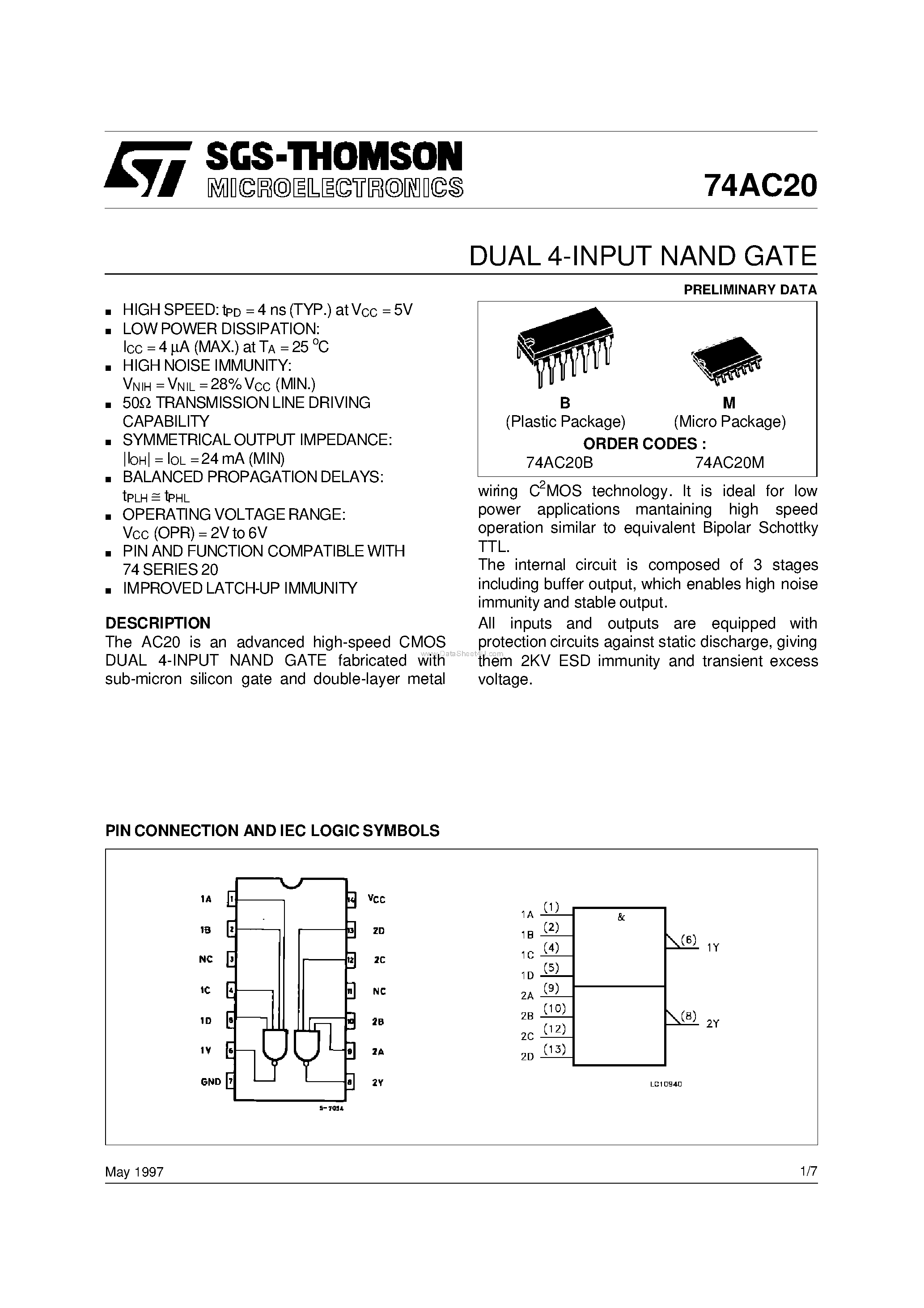 Даташит 74AC20 - DUAL 4-INPUT NAND GATE страница 1