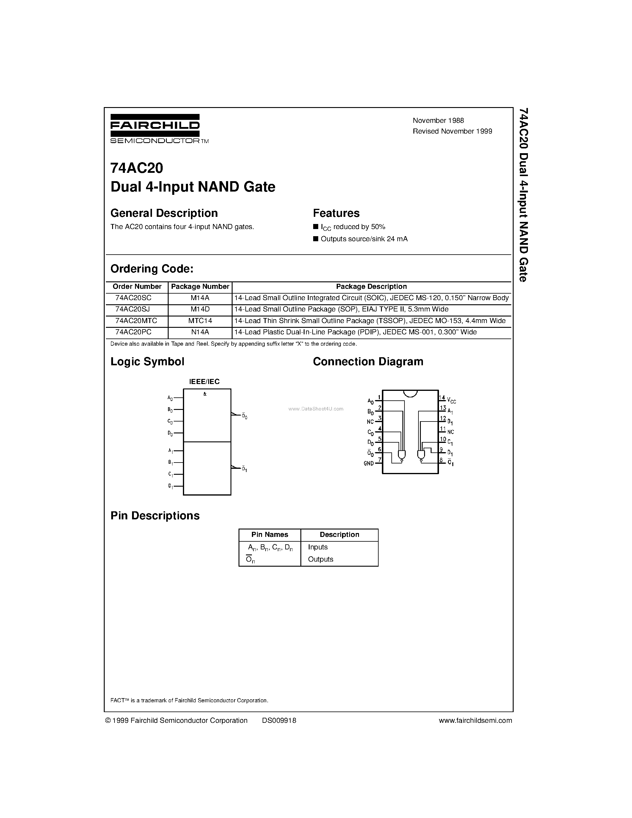 Даташит 74AC20 - Dual 4-Input NAND Gate страница 1