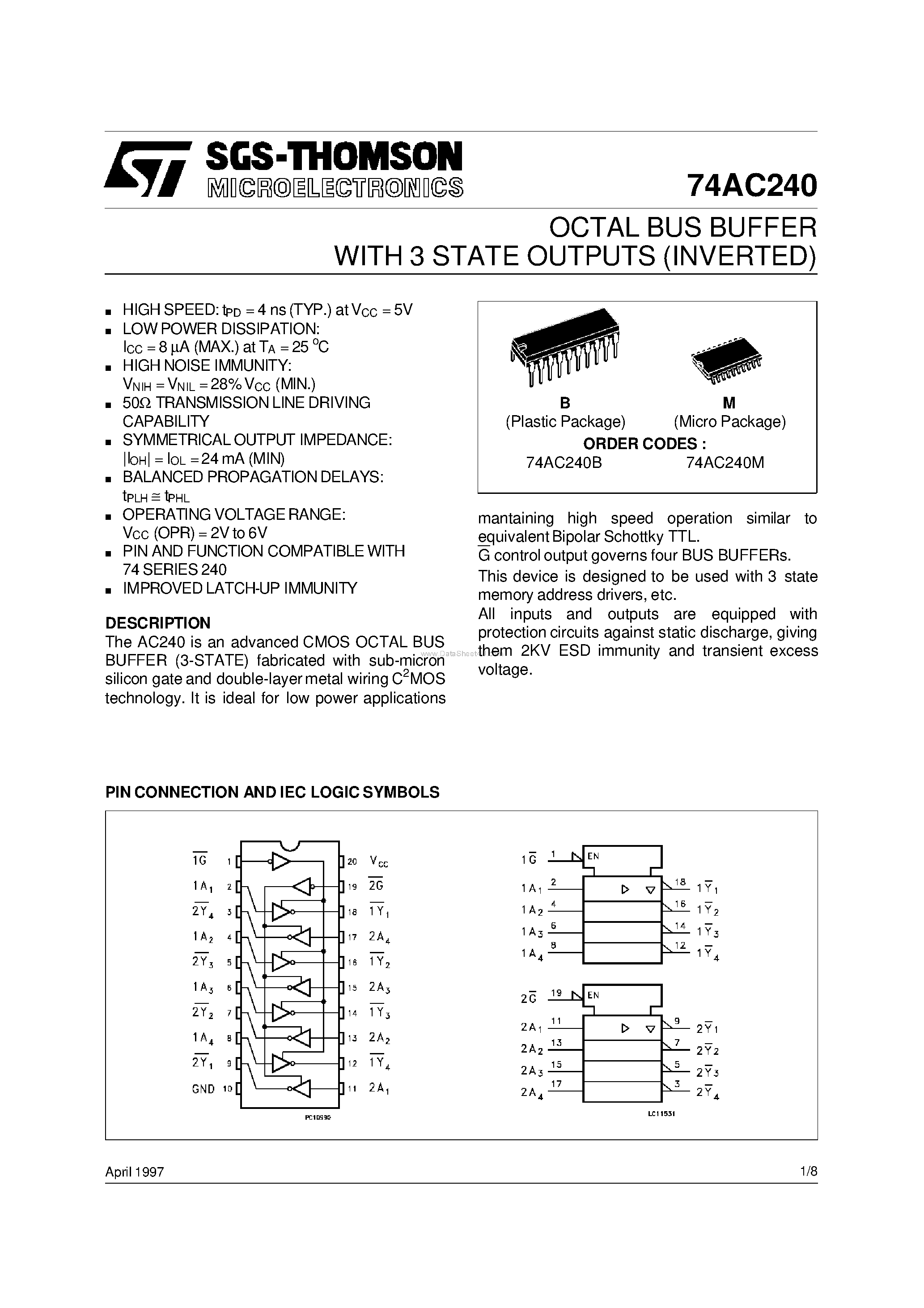 Даташит 74AC240 - OCTAL BUS BUFFER WITH 3 STATE OUTPUTS INVERTED страница 1