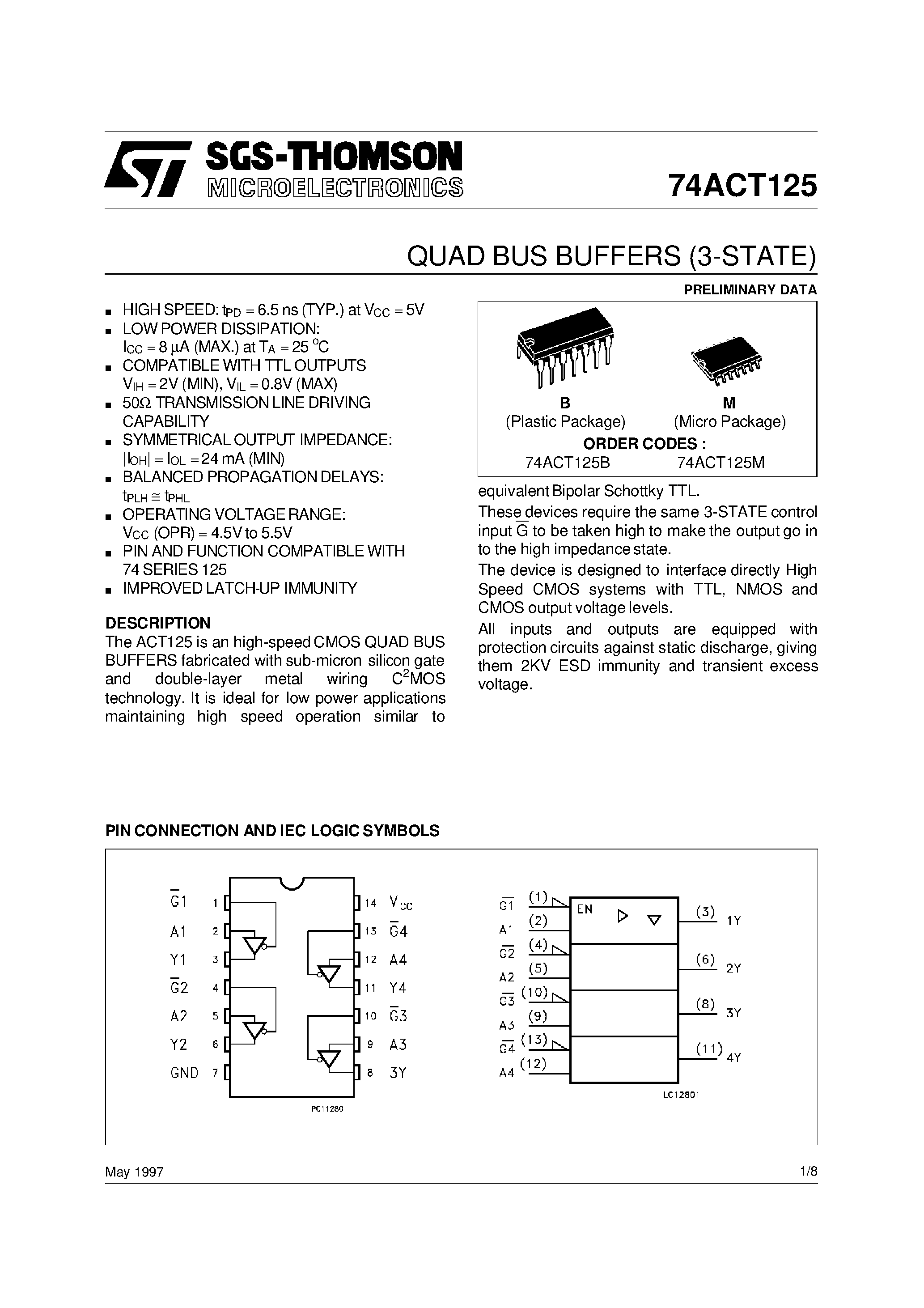Даташит 74ACT125 - Quad Buffer with 3-STATE Outputs страница 1
