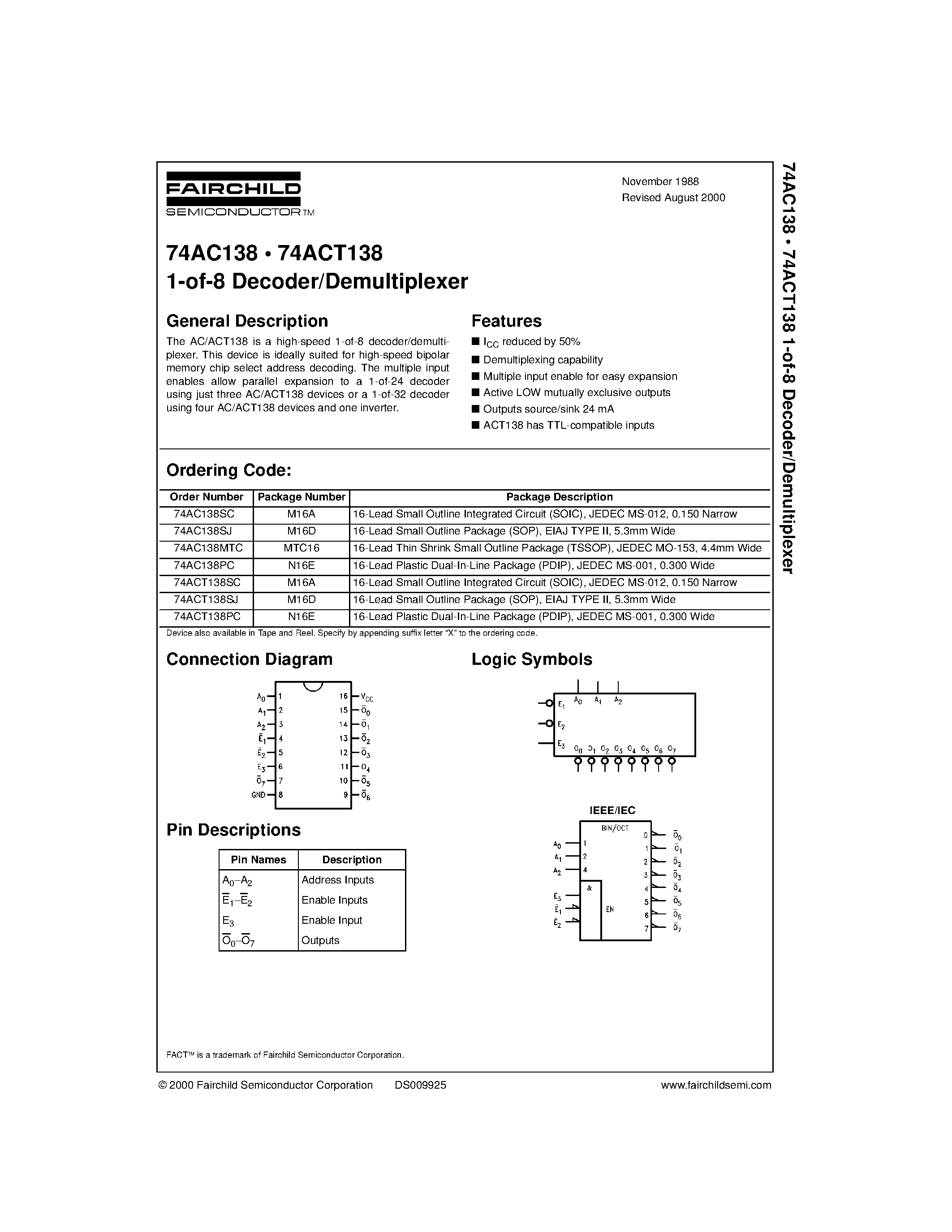 Даташит 74ACT138SJ - 1-of-8 Decoder/Demultiplexer страница 1