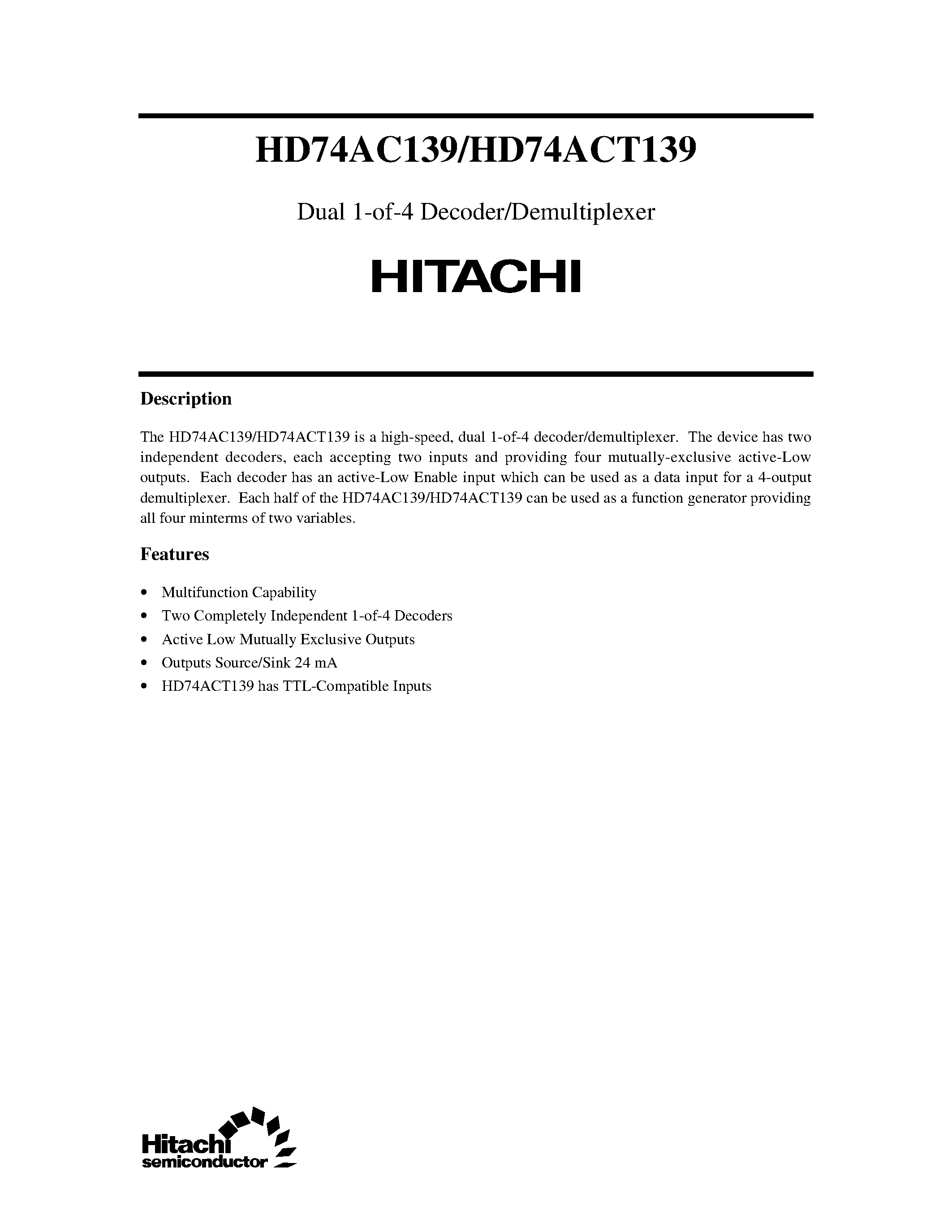 Даташит 74ACT139 - DUAL 1-OF-4 DECODER/DEMULTIPLEXER страница 1