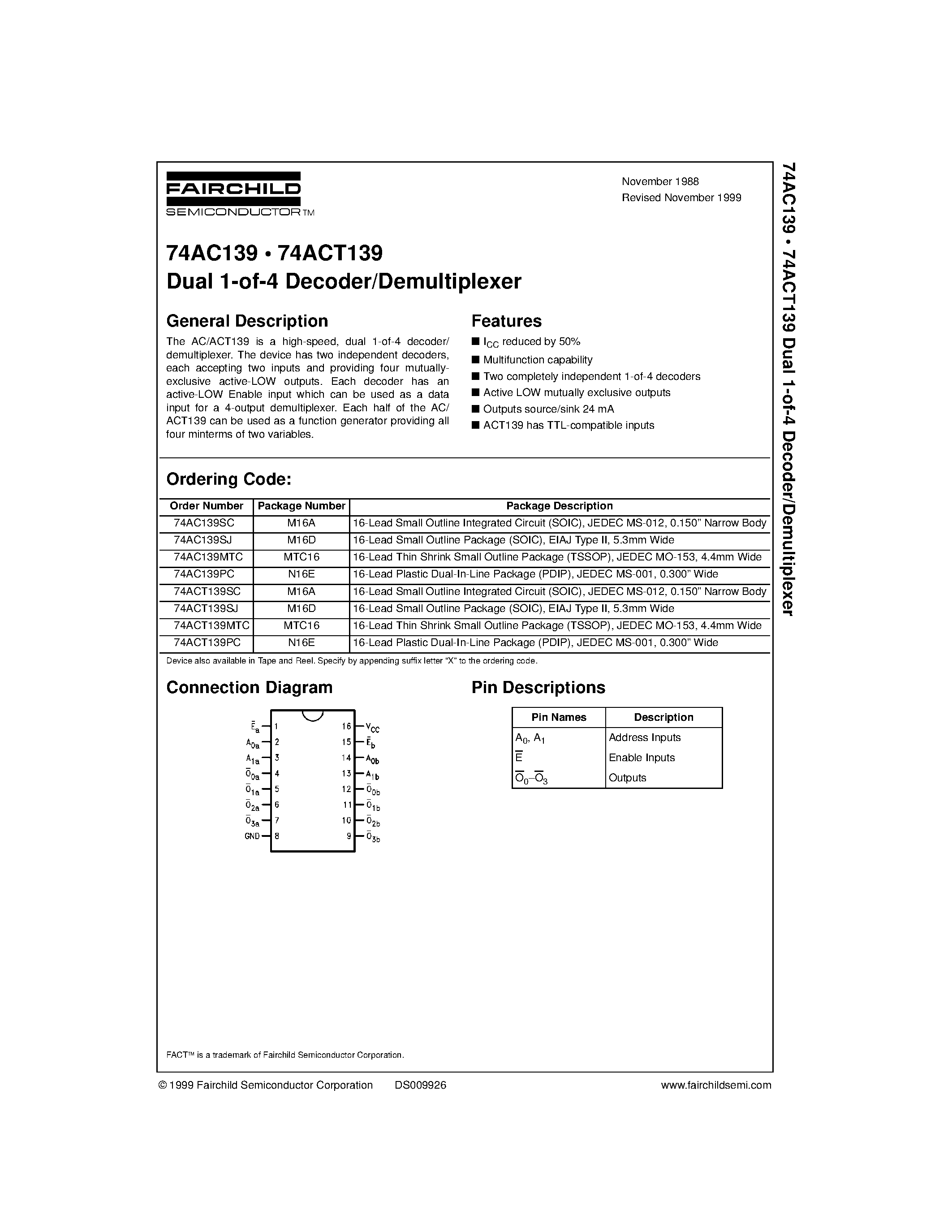 Даташит 74ACT139MTC - Dual 1-of-4 Decoder/Demultiplexer страница 1