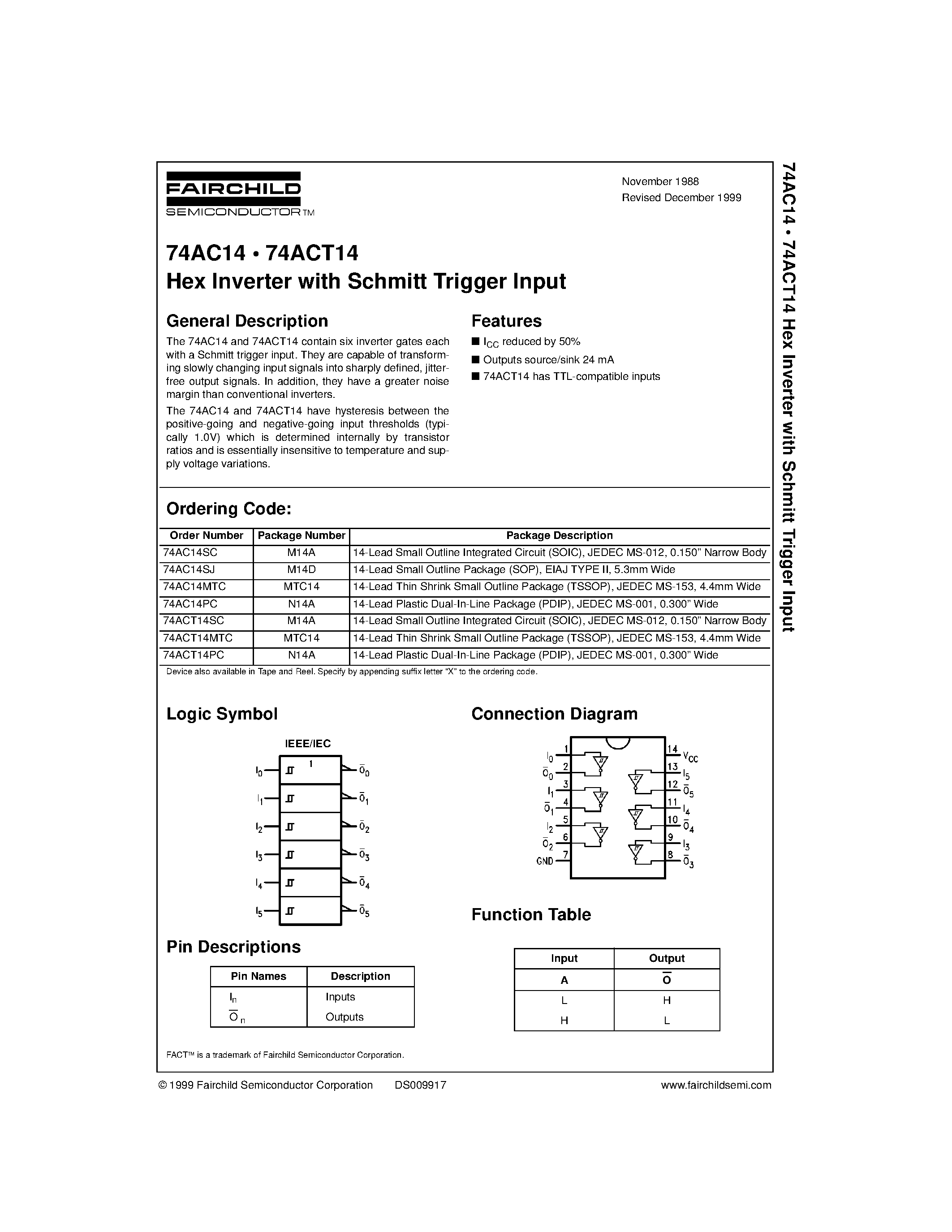 Даташит 74ACT14PC - Hex Inverter with Schmitt Trigger Input страница 1