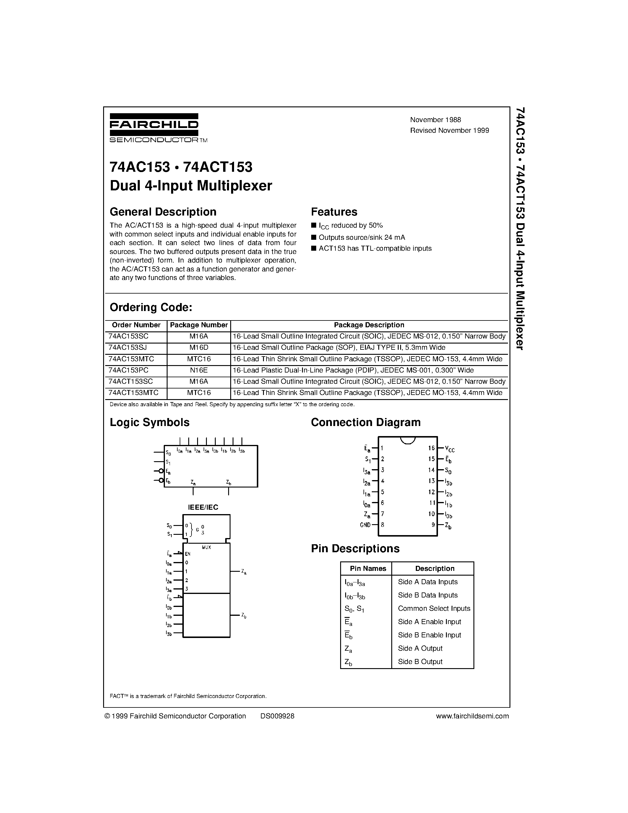 Даташит 74ACT153MTC - Dual 4-Input Multiplexer страница 1