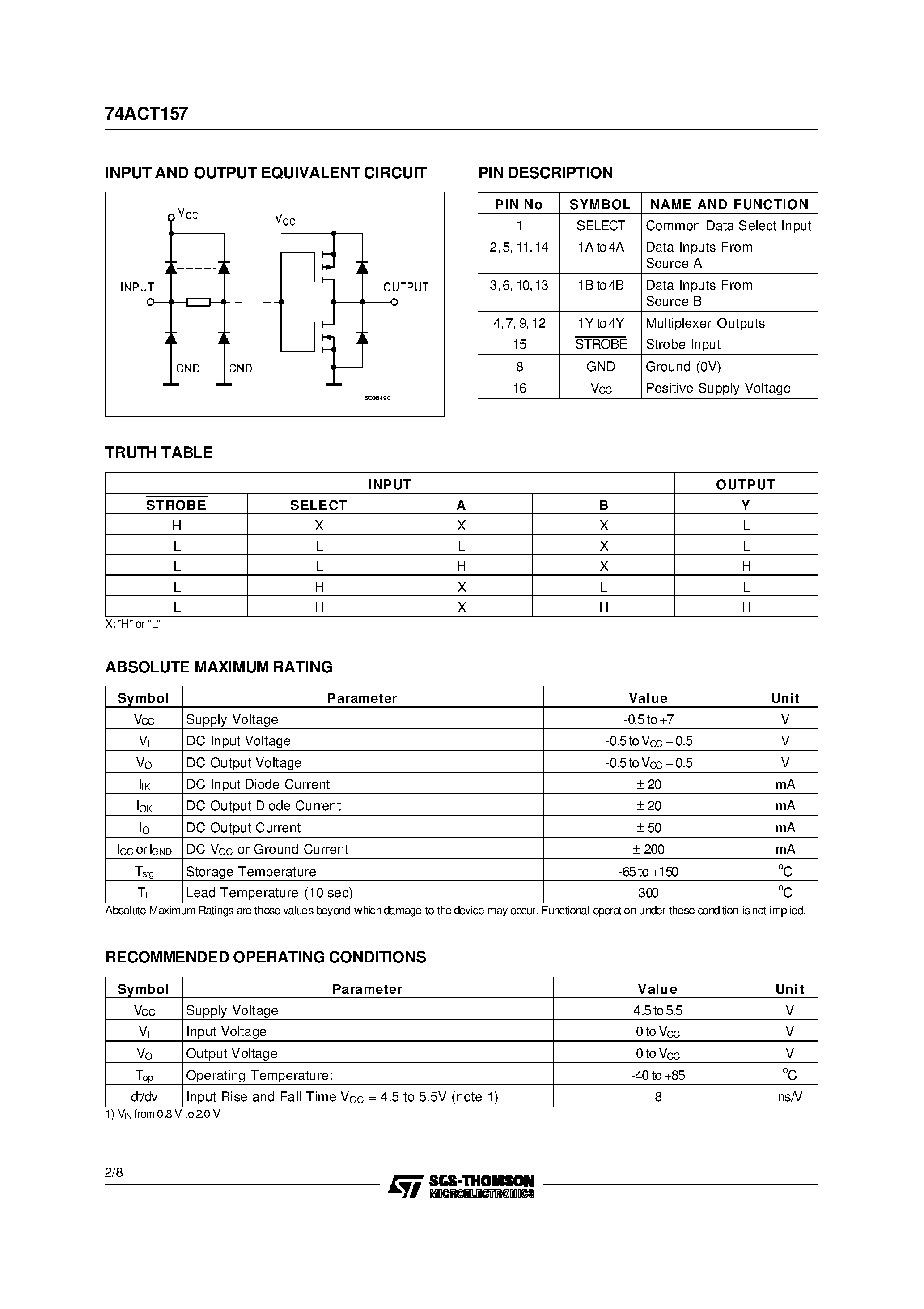 Даташит 74ACT157B - QUAD 2 CHANNEL MULTIPLEXER страница 2