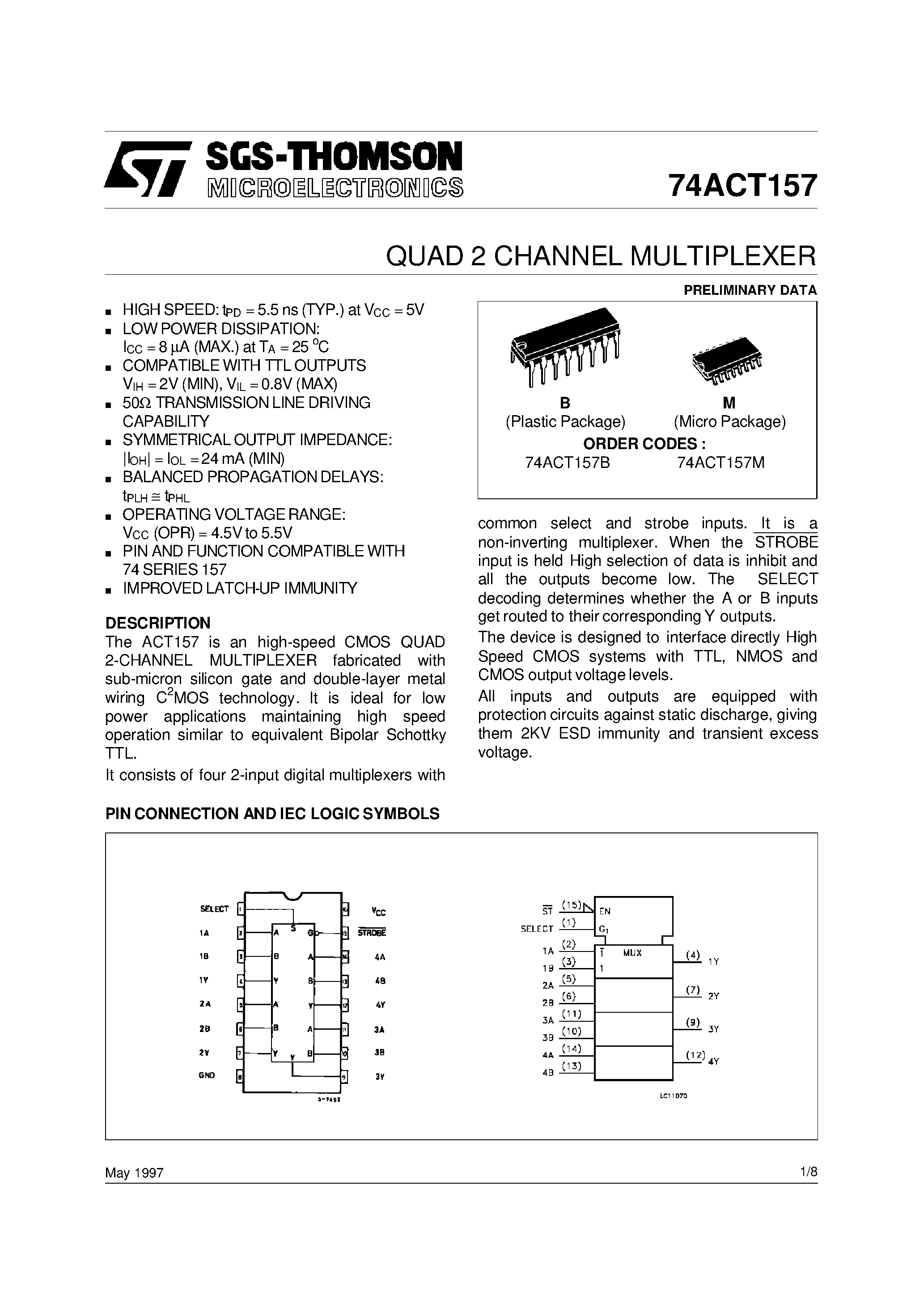 Даташит 74ACT157MTC - Quad 2-Input Multiplexer страница 1