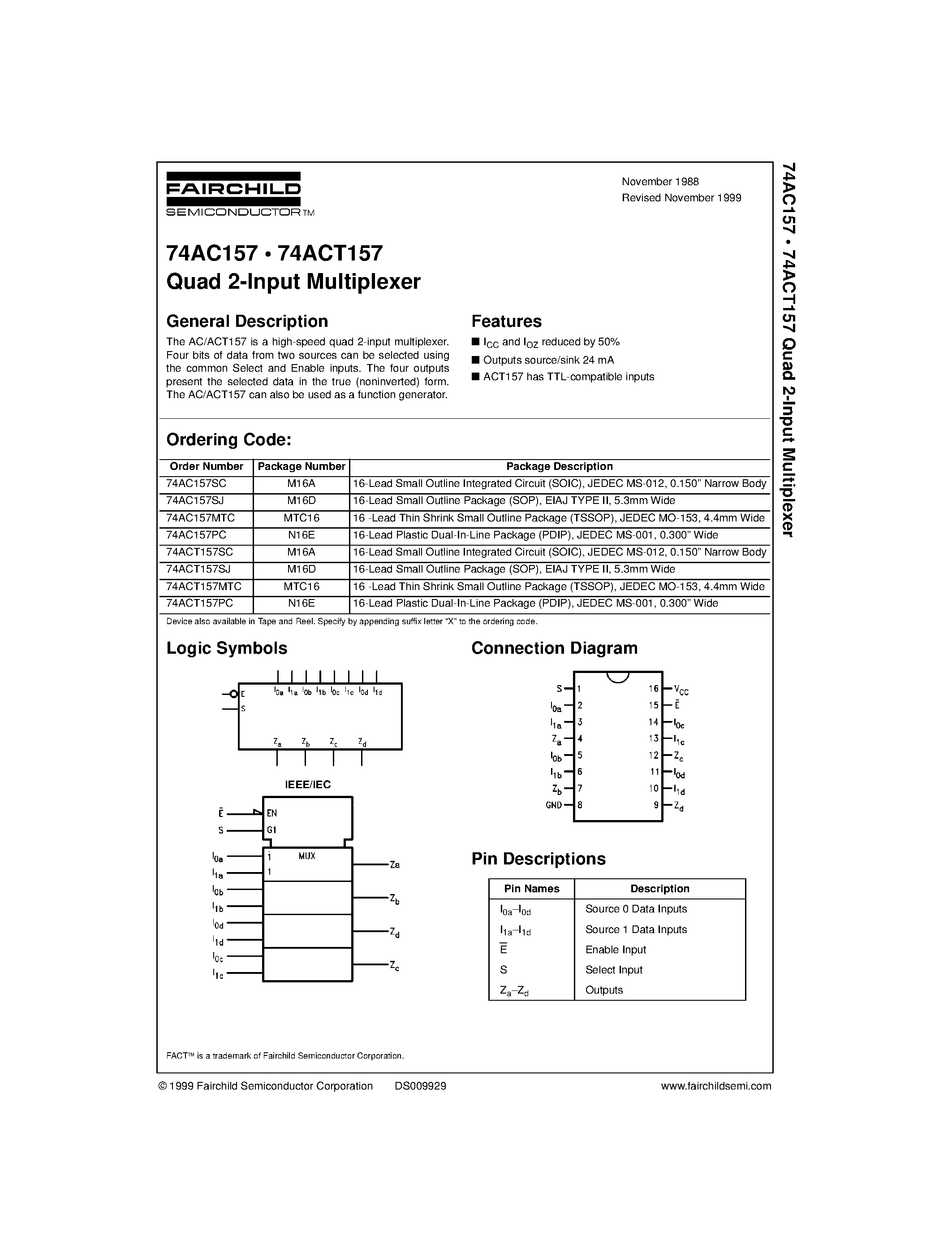 Даташит 74ACT157PC - Quad 2-Input Multiplexer страница 1