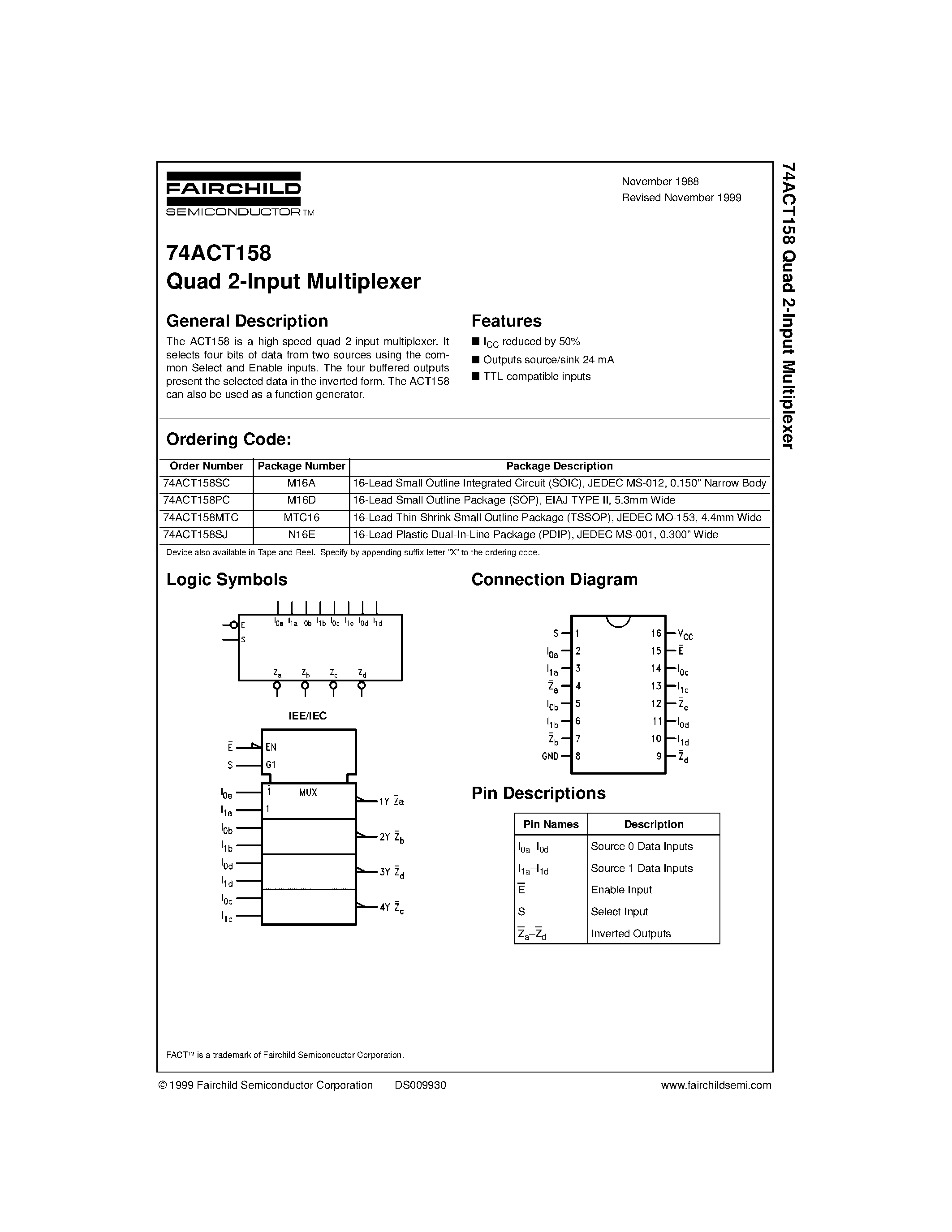 Даташит 74ACT158SC - Quad 2-Input Multiplexer страница 1