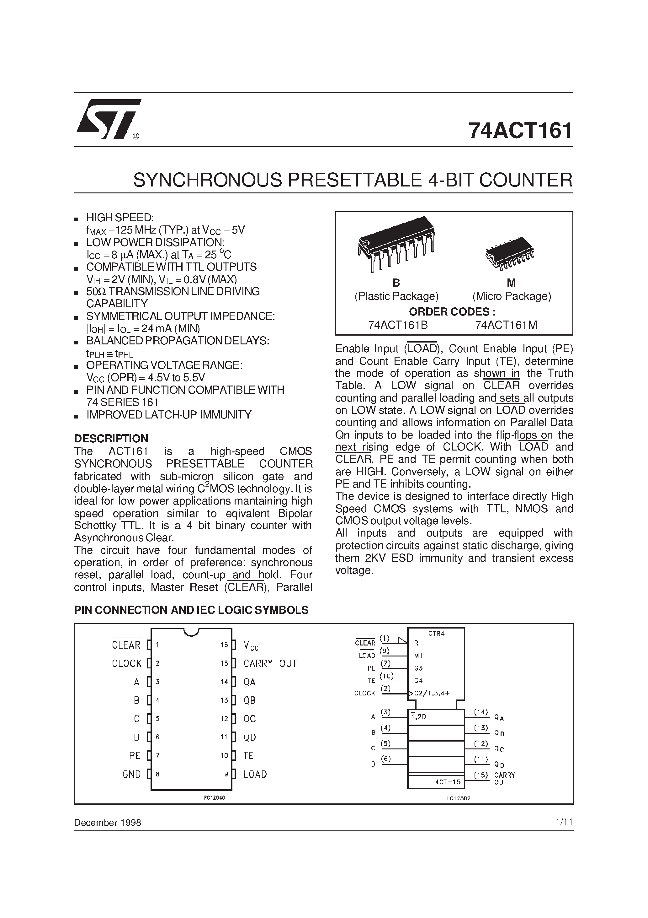 Даташит 74ACT161B - SYNCHRONOUS PRESETTABLE 4-BIT COUNTER страница 1