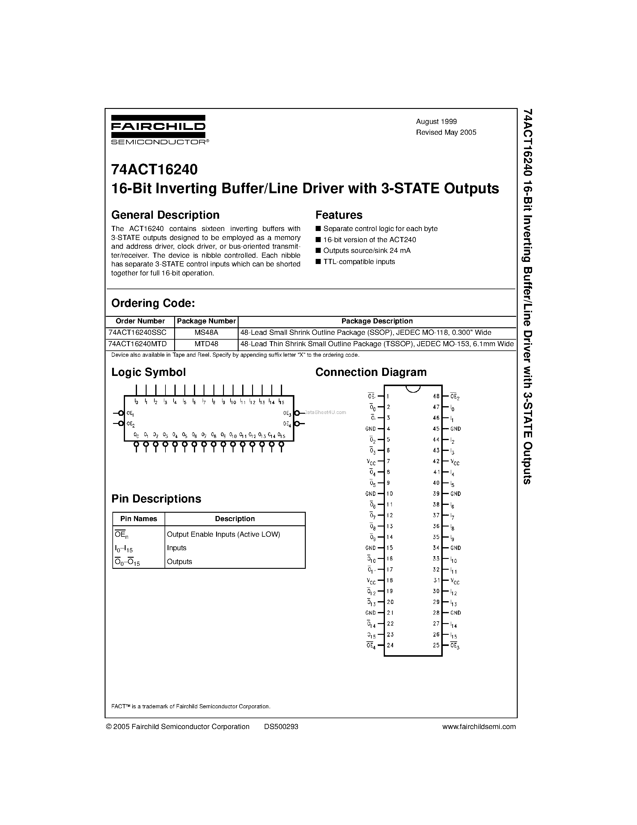 Даташит 74ACT16240 - 16-Bit Inverting Buffer/Line Driver with 3-STATE Outputs страница 1