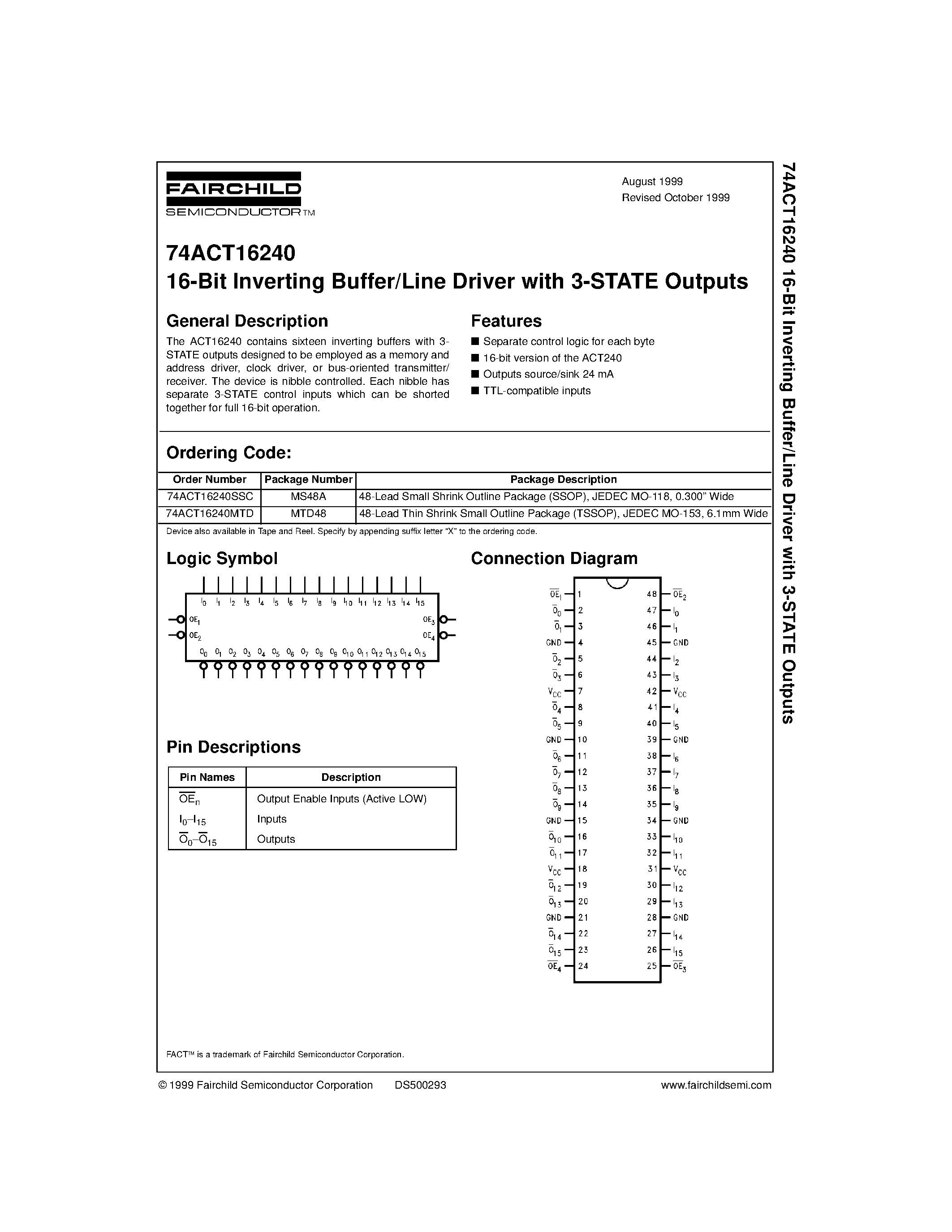 Даташит 74ACT16240SSC - 16-Bit Inverting Buffer/Line Driver with 3-STATE Outputs страница 1