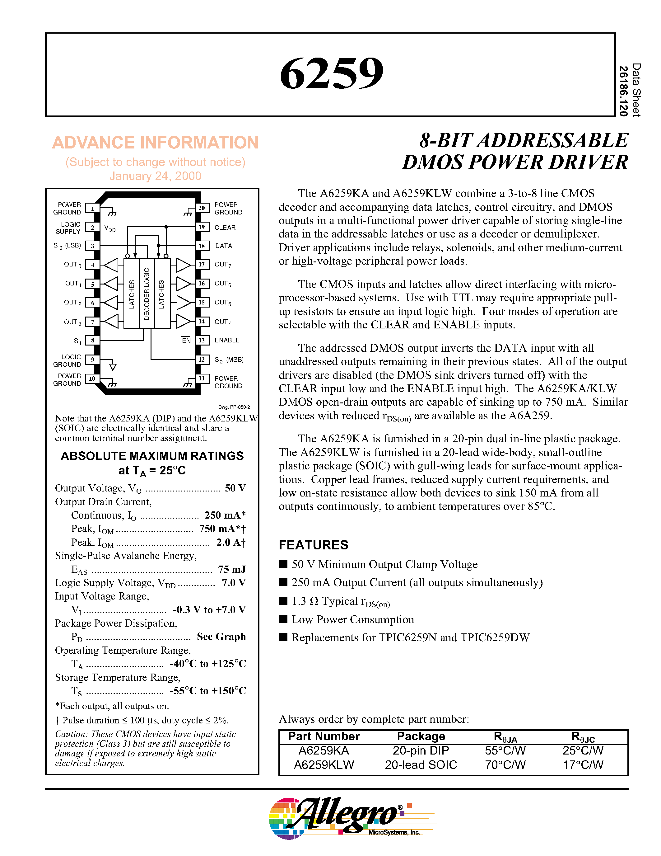 Datasheet 6259 - 8-BIT ADDRESSABLE DMOS POWER DRIVER page 1