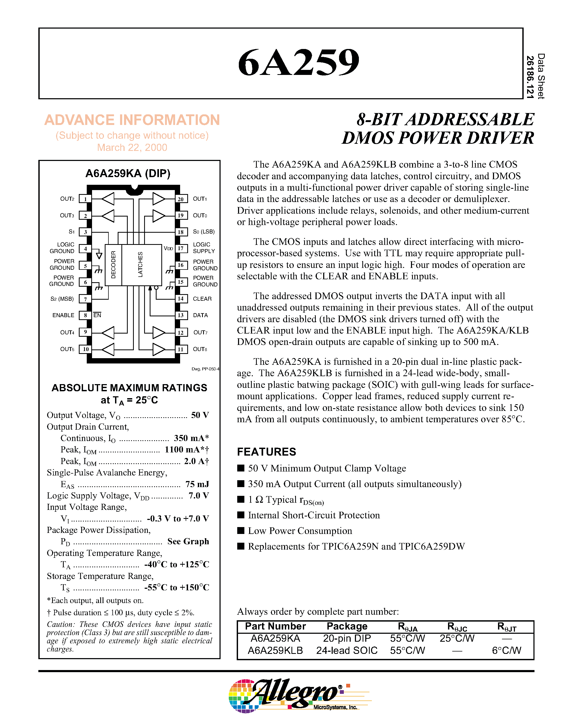 Datasheet 6A259 - 8-BIT ADDRESSABLE DMOS POWER DRIVER page 1