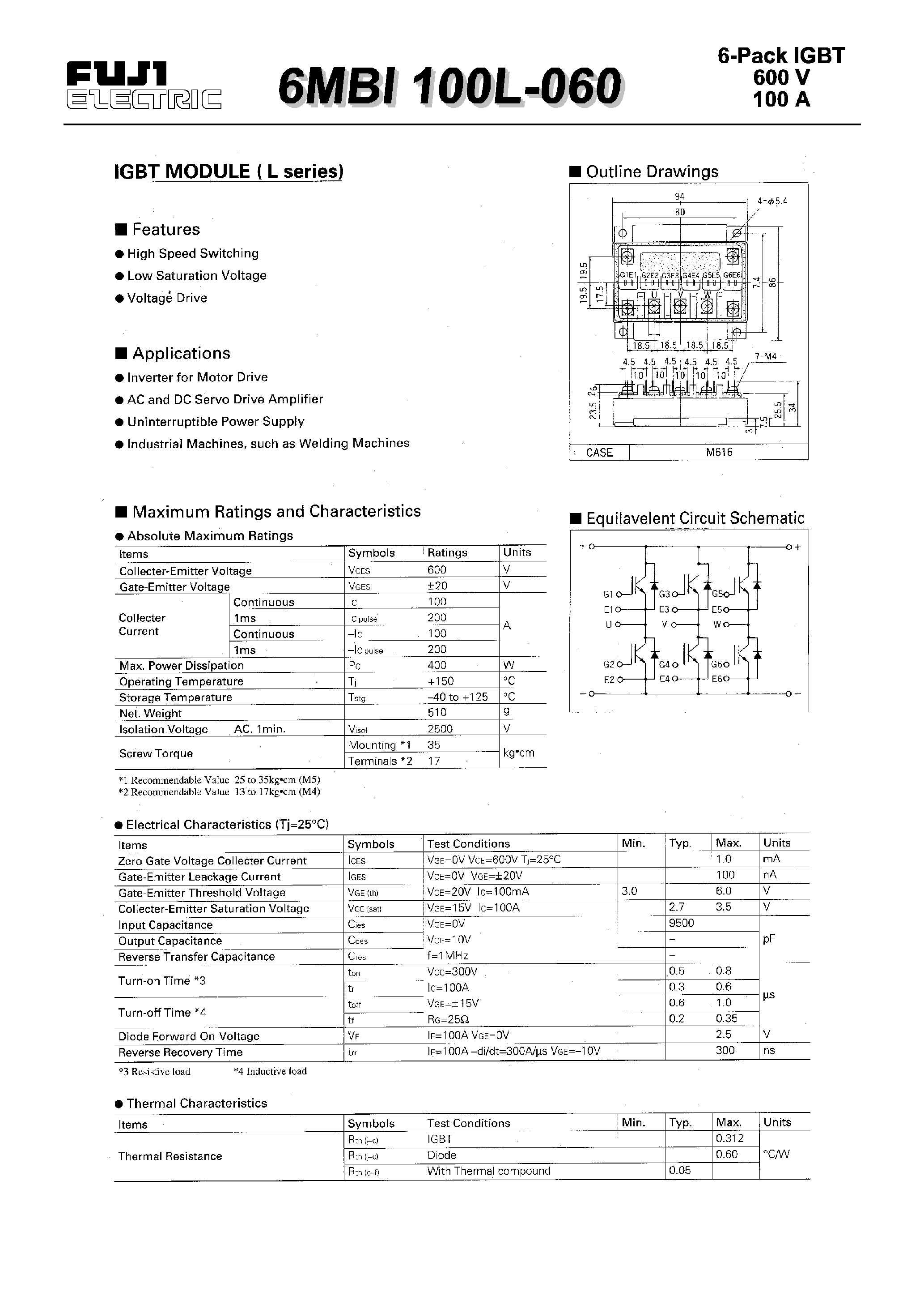 Datasheet 6MBI100L-060 - IGBT MODULE(L series) page 1