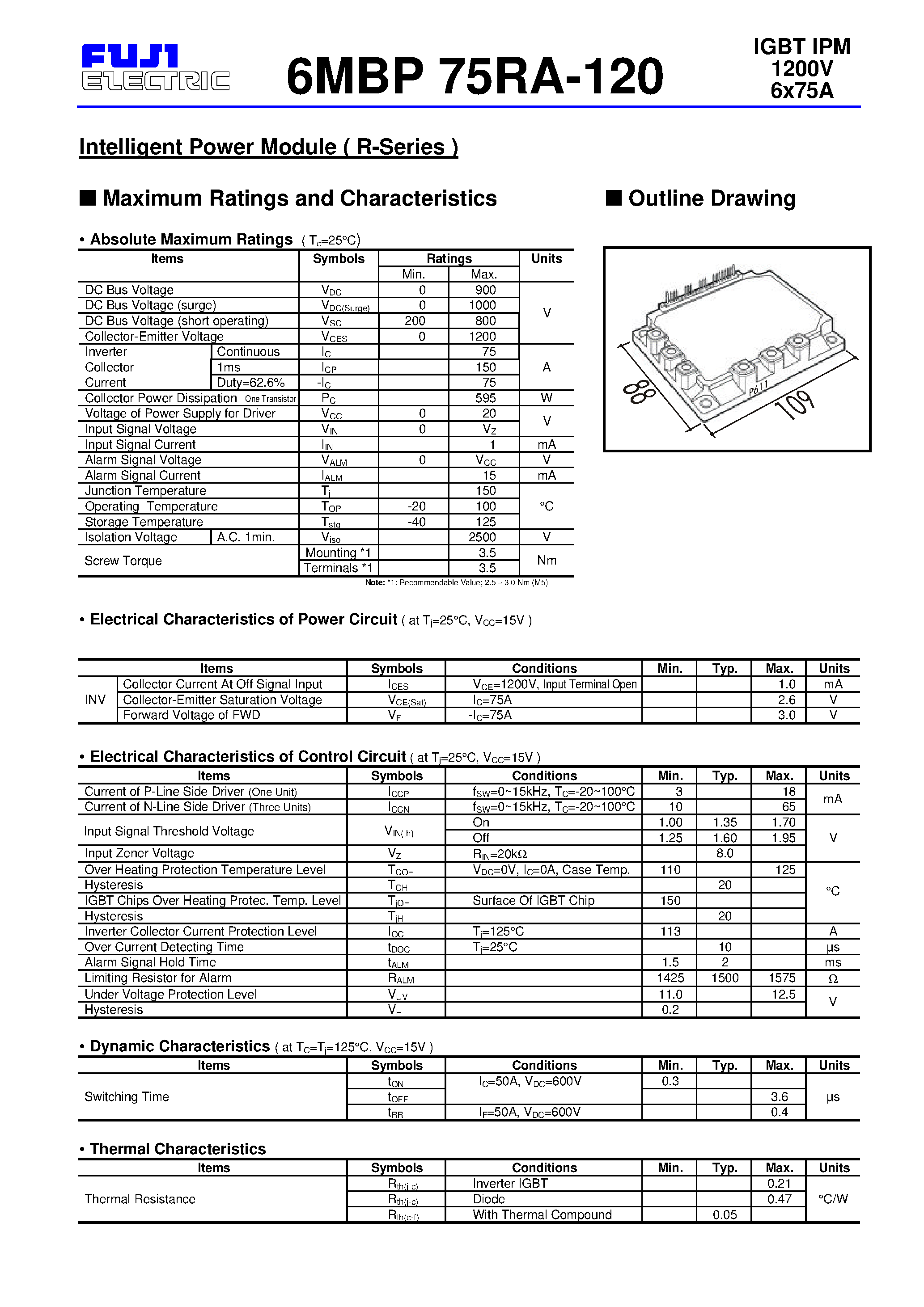 Datasheet 6MBP75RA-120 - Intelligent Power Module ( R-Series ) page 1