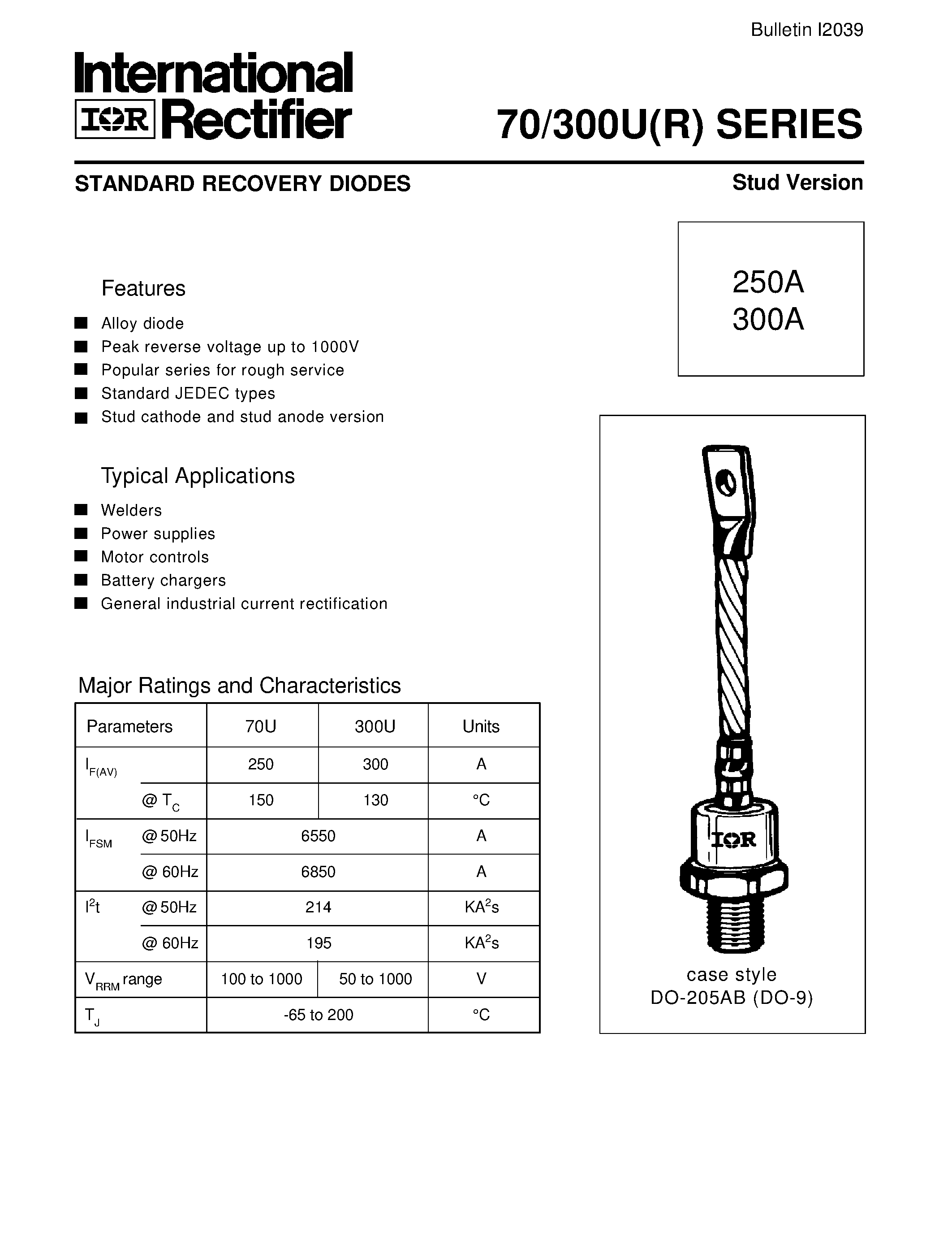 Даташит 70300U - STANDARD RECOVERY DIODES Stud Version страница 1