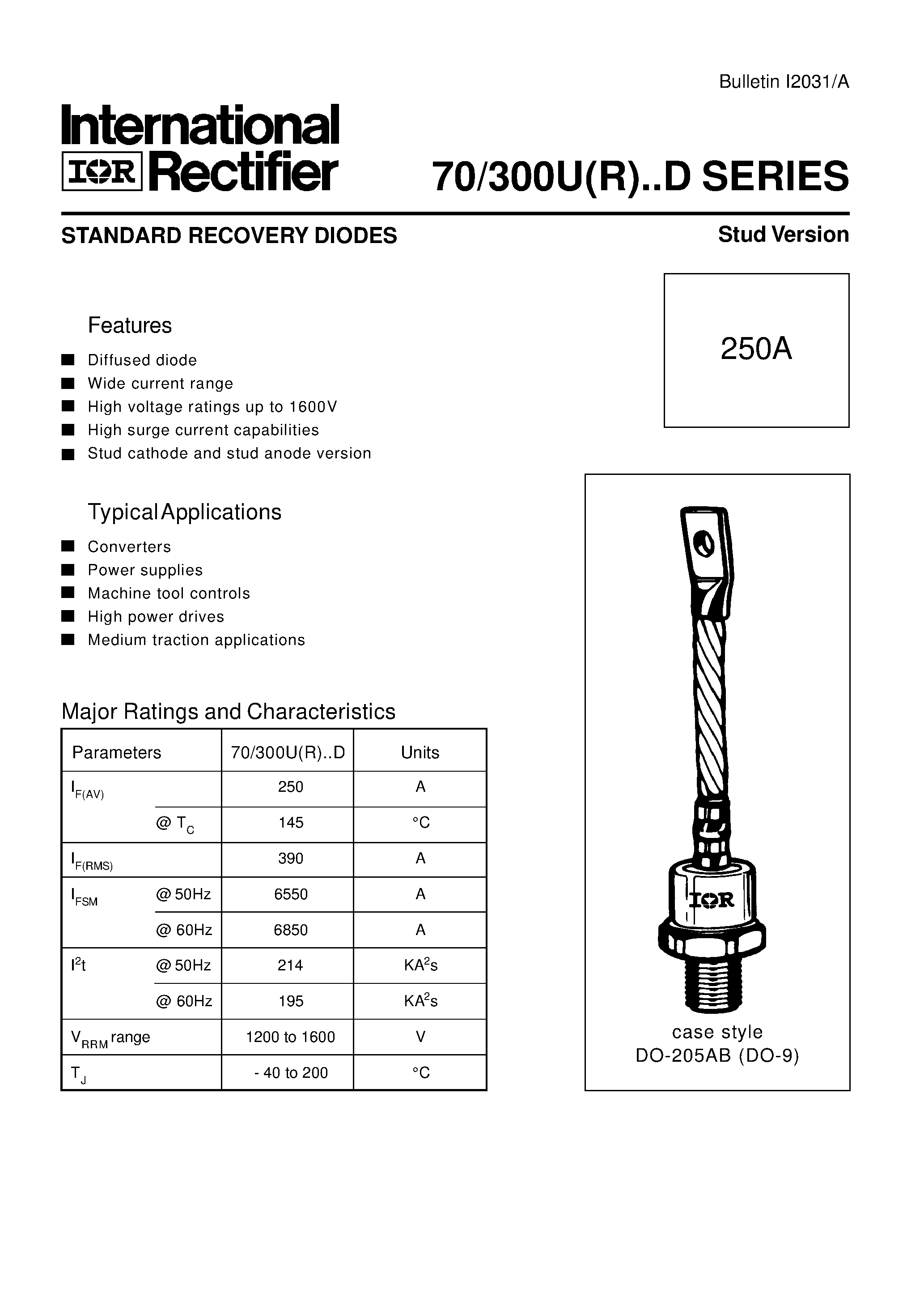 Даташит 70UF160AYPD - STANDARD RECOVERY DIODES Stud Version страница 1